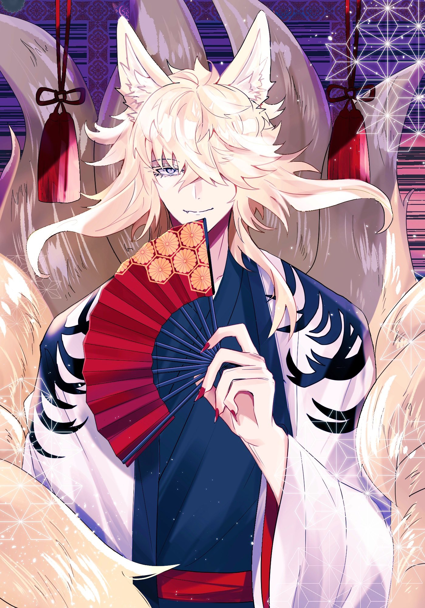 tyabasira719, ichimonji norimune, touken ranbu, commentary request, highres, 1boy, animal ear fluff, animal ears, asa no ha (pattern), black kimono, blonde hair, blue eyes, chrysanthemum print, closed mouth, colored eyelashes, fang, fang out, fingernails, floral print, folding fan, fox boy, fox ears, fox tail, hair over one eye, hair over shoulder, hand fan, haori, holding, holding fan, japanese clothes, kemonomimi mode, kikumon, kimono, kitsune, kyuubi, long fingernails, long hair, long sleeves, looking at viewer, male focus, multiple tails, red nails, sharp fingernails, smile, solo, tail, tassel, upper body, white haori, wide sleeves
