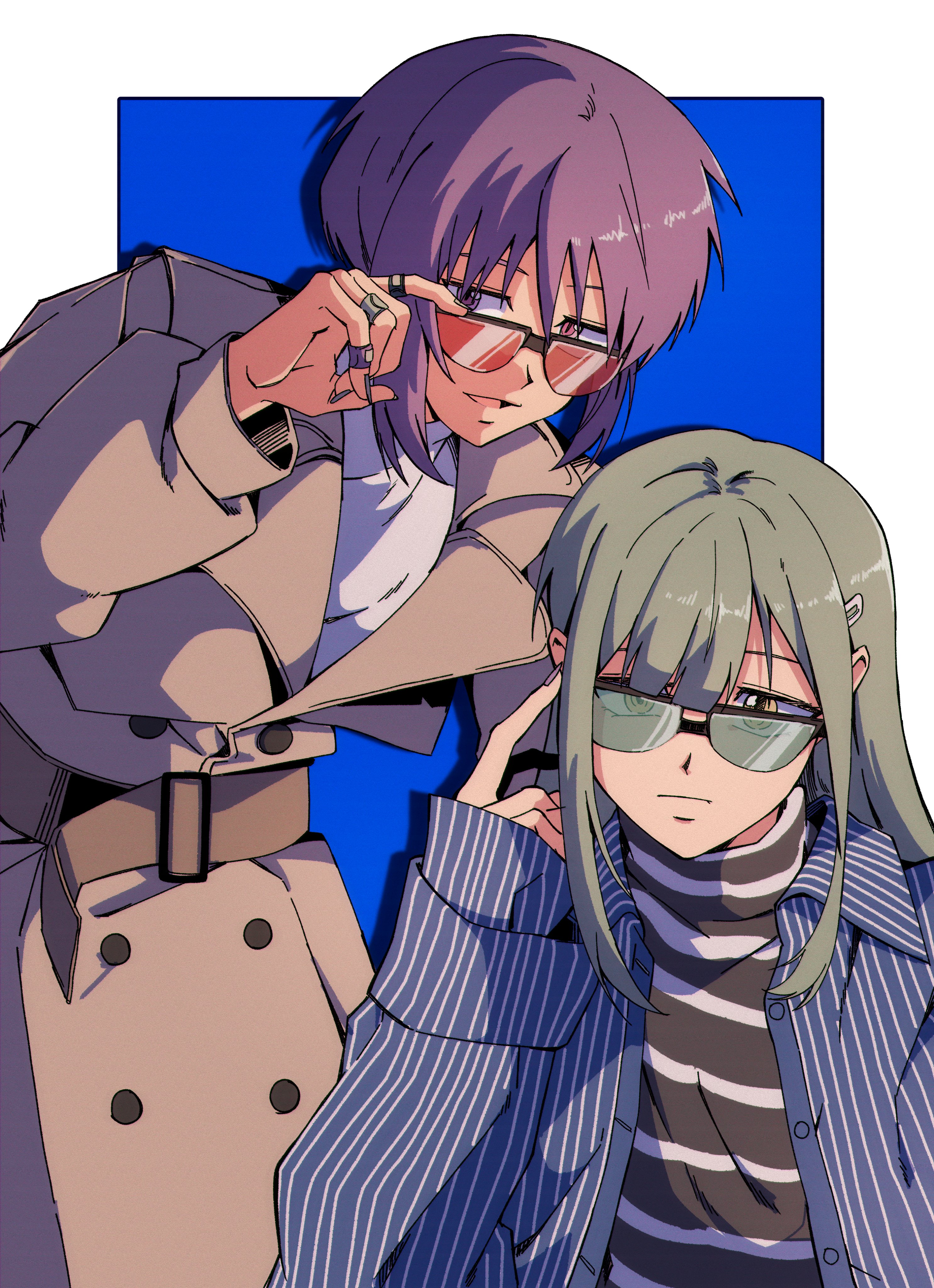 bio w5, wakaba mutsumi, yuutenji nyamu, bang dream!, bang dream! it's mygo!!!!!, absurdres, commentary request, highres, korean commentary, 2girls, alternate costume, black shirt, blue jacket, blurry, blurry background, fingernails, glasses, green hair, hair ornament, hairclip, jacket, jewelry, long hair, long sleeves, looking at viewer, multiple girls, multiple rings, open clothes, open jacket, pink eyes, purple hair, ring, shirt, short hair, simple background, striped clothes, striped jacket, striped shirt, sunglasses, turtleneck, upper body, vertical-striped clothes, vertical-striped jacket, white shirt, yellow eyes