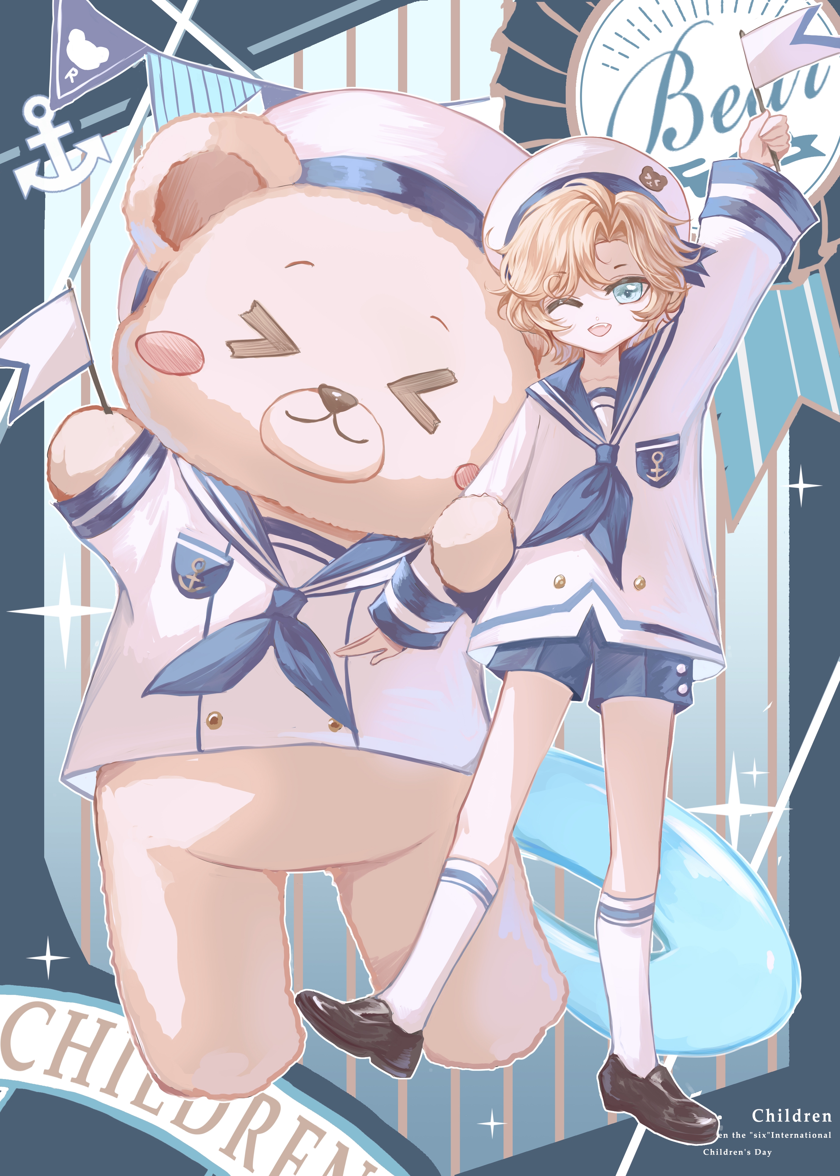 snow234, lars rorschach, lovebrush chronicles, absurdres, chinese commentary, commentary request, highres, > <, 1boy, ;d, aged down, anchor print, anchor symbol, animal, aqua eyes, arm up, award ribbon, blonde hair, blue background, blue border, blue neckerchief, blue ribbon, blue sailor collar, blue shorts, border, breast pocket, brown shoes, children's day, clothed animal, curtained hair, english text, fang, flag, full body, gradient background, hair between eyes, hat, holding, holding flag, irregular border, loafers, locked arms, long sleeves, looking at viewer, male focus, neckerchief, official alternate costume, one eye closed, open mouth, pocket, ribbon, sailor collar, sailor hat, sailor shirt, sentient stuffed toy, shirt, shoes, short hair, short shorts, shorts, sleeve cuffs, smile, socks, solo, standing, standing on one leg, string of flags, striped background, stuffed animal, stuffed toy, swim ring, teddy bear, teeth, upper teeth only, white background, white hat, white shirt, white socks