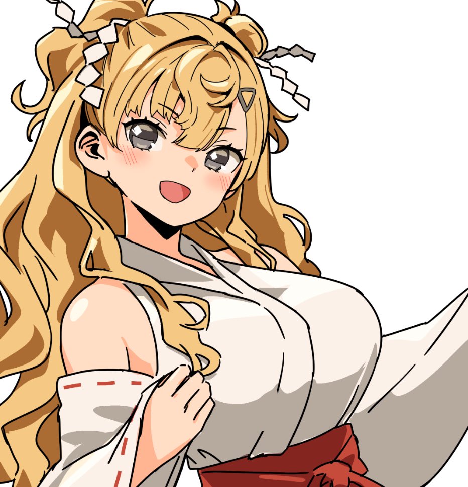 asava (hutaitenn), minneapolis (kancolle), kantai collection, commentary request, 1girl, blonde hair, breasts, detached sleeves, grey eyes, japanese clothes, kimono, large breasts, miko, ribbon-trimmed sleeves, ribbon trim, simple background, smile, solo, two side up, upper body, wavy hair, white background, white kimono