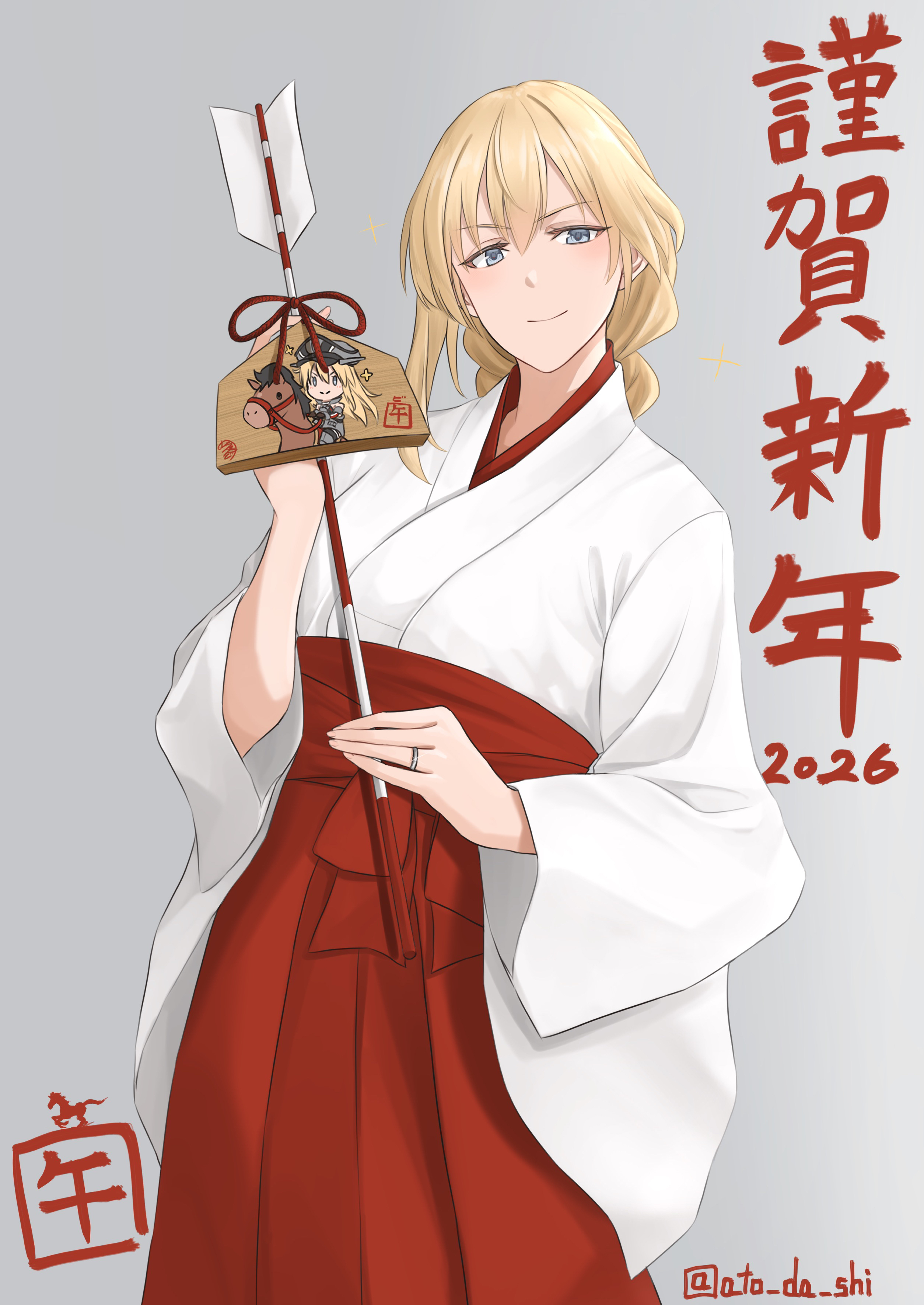 atodashi, bismarck (kancolle), kantai collection, absurdres, commentary request, highres, 1girl, 2026, arrow (projectile), blonde hair, blue eyes, ema, gloves, hakama, hamaya, happy new year, holding, holding arrow, japanese clothes, jewelry, kimono, long hair, looking at viewer, new year, red hakama, ring, smile, solo, twitter username, wedding ring, white kimono, wide sleeves