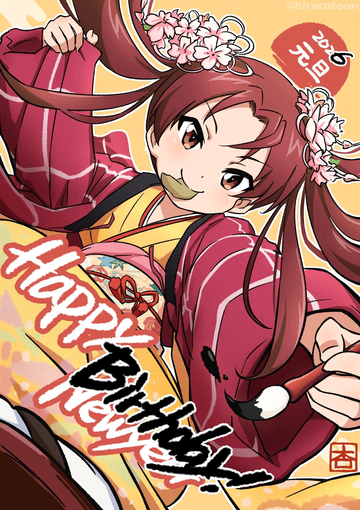 ehirorotoon, kadotani anzu, girls und panzer, commentary request, highres, 1girl, alternate costume, brown eyes, brown hair, flower, hair flower, hair ornament, happy birthday, holding, holding brush, japanese clothes, kimono, long hair, red kimono, smile, solo, twintails, upper body