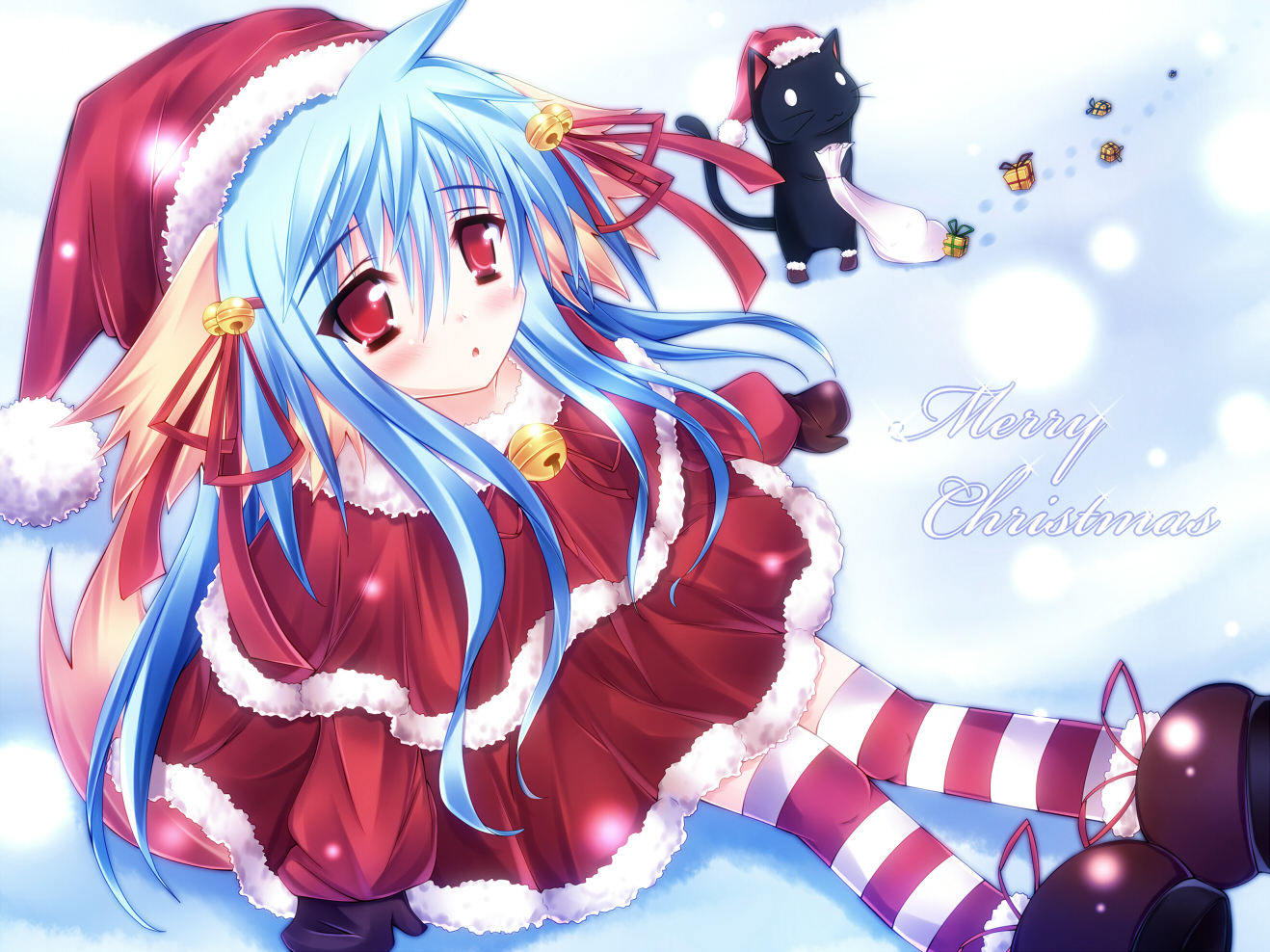 mikan (5555), shikishima krile, nursery rhyme, original, bad id, bad pixiv id, 1girl, animal ears, bell, blue hair, cat, child, christmas, collar, female focus, gloves, hair bell, hair ornament, hat, jingle bell, neck bell, red eyes, santa costume, snow, solo, striped clothes, striped thighhighs, tail, thighhighs