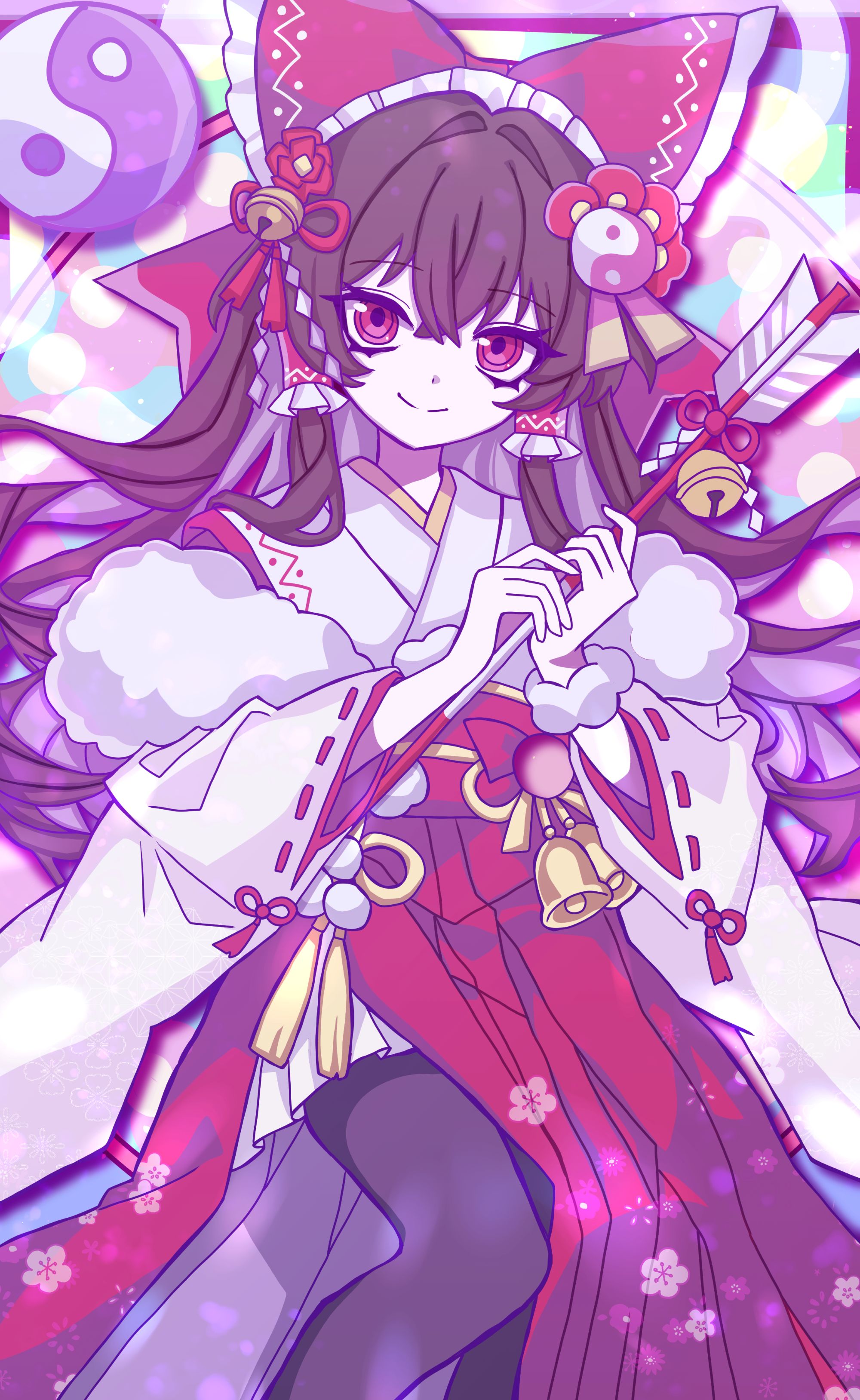 hakurei reimu, touhou, absurdres, commentary request, highres, 1girl, alternate costume, arrow (projectile), bell, black pantyhose, bow, brown hair, closed mouth, detached sleeves, frilled bow, frilled hair tubes, frills, fur trim, hair bell, hair bow, hair ornament, hair tubes, hakama, hakama skirt, hamaya, holding, holding arrow, japanese clothes, kimono, long hair, looking at viewer, madeno, new year, orb, pantyhose, red bow, red eyes, ribbon-trimmed sleeves, ribbon trim, side slit, skirt, smile, solo, very long hair, white kimono, yin yang, yin yang hair ornament, yin yang orb