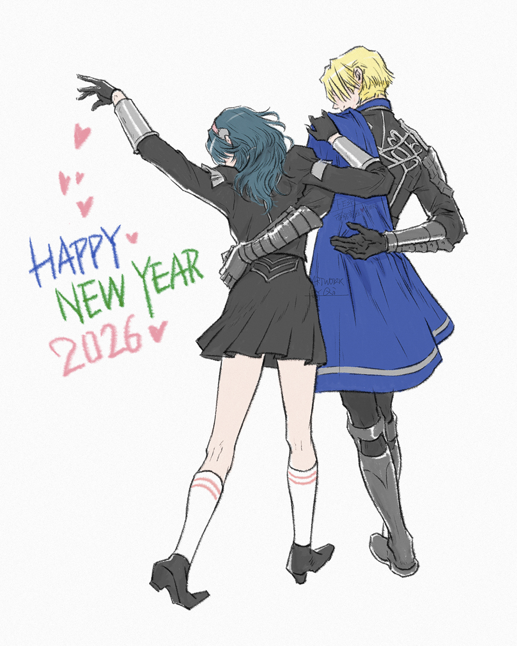 qiqi llin, dimitri alexandre blaiddyd, female byleth (academy) (fire emblem), female byleth (fire emblem), fire emblem, fire emblem: three houses, nintendo, commentary, english commentary, highres, 1boy, 1girl, 2026, arm behind another's back, arm behind back, arm up, armor, armored boots, black gloves, black shoes, black skirt, blonde hair, blue cape, blue hair, boots, cape, english text, from behind, full body, gloves, hairband, hand on another's shoulder, hand on another's waist, happy new year, heart, heel up, kneehighs, long hair, long sleeves, new year, official alternate costume, pink hairband, shoes, short hair, shoulder armor, signature, simple background, skirt, socks, standing, vambraces, white background, white socks