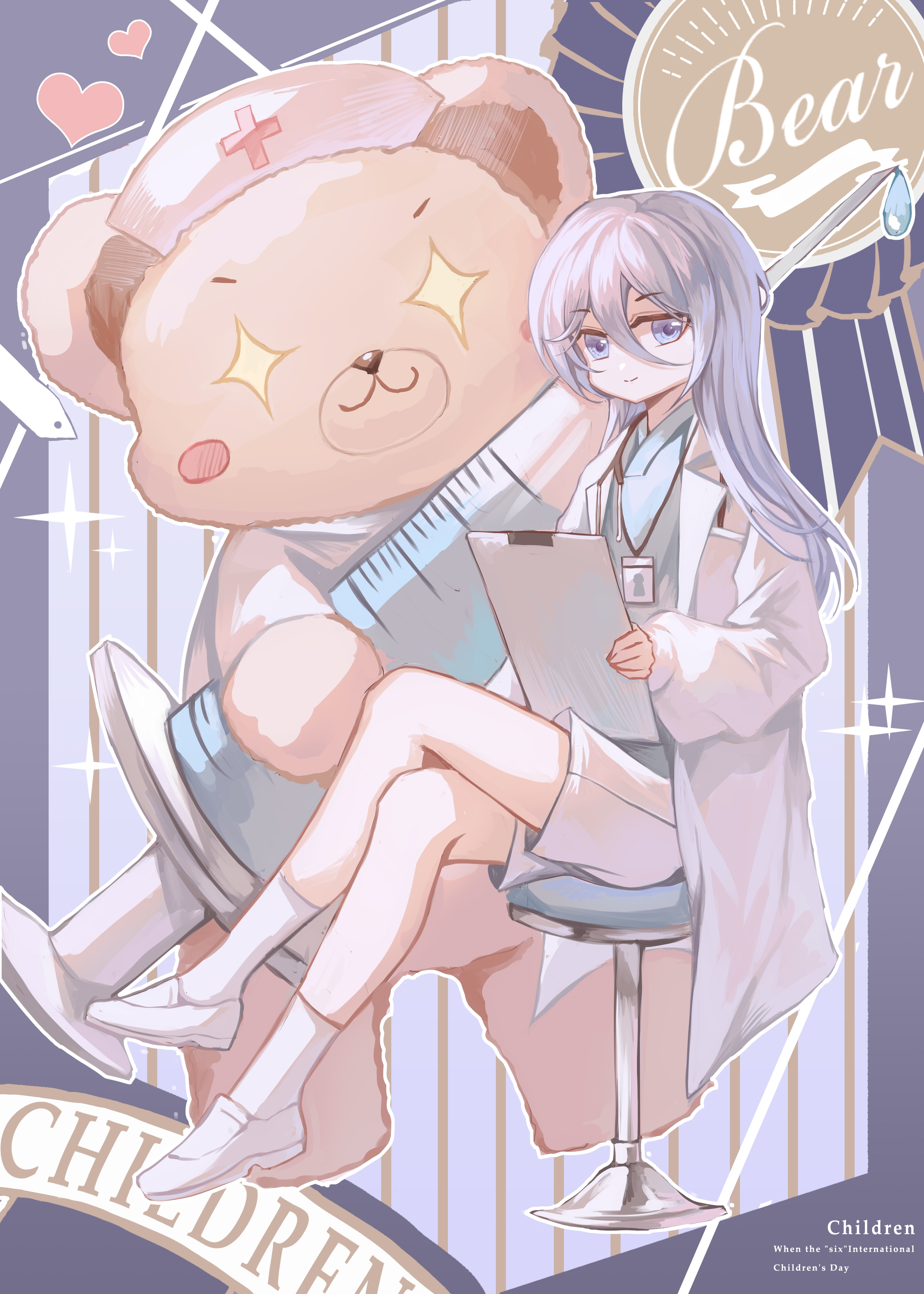 snow234, cael anselm, lovebrush chronicles, absurdres, chinese commentary, commentary request, highres, + +, 1boy, aged down, animal, aqua shirt, award ribbon, border, children's day, clipboard, closed mouth, clothed animal, coat, crossed legs, doctor, english text, fold-over collar, full body, gradient background, hair between eyes, hat, heart, holding, holding clipboard, holding syringe, id card, irregular border, lab coat, lanyard, large syringe, loafers, long hair, long hair between eyes, long sleeves, looking at viewer, male focus, nurse cap, official alternate costume, open clothes, open coat, oversized object, purple background, purple border, purple eyes, sentient stuffed toy, shirt, shoes, short shorts, shorts, sitting, smile, socks, solo, stethoscope, stool, striped background, stuffed animal, stuffed toy, syringe, teddy bear, white background, white coat, white hair, white shoes, white shorts, white socks