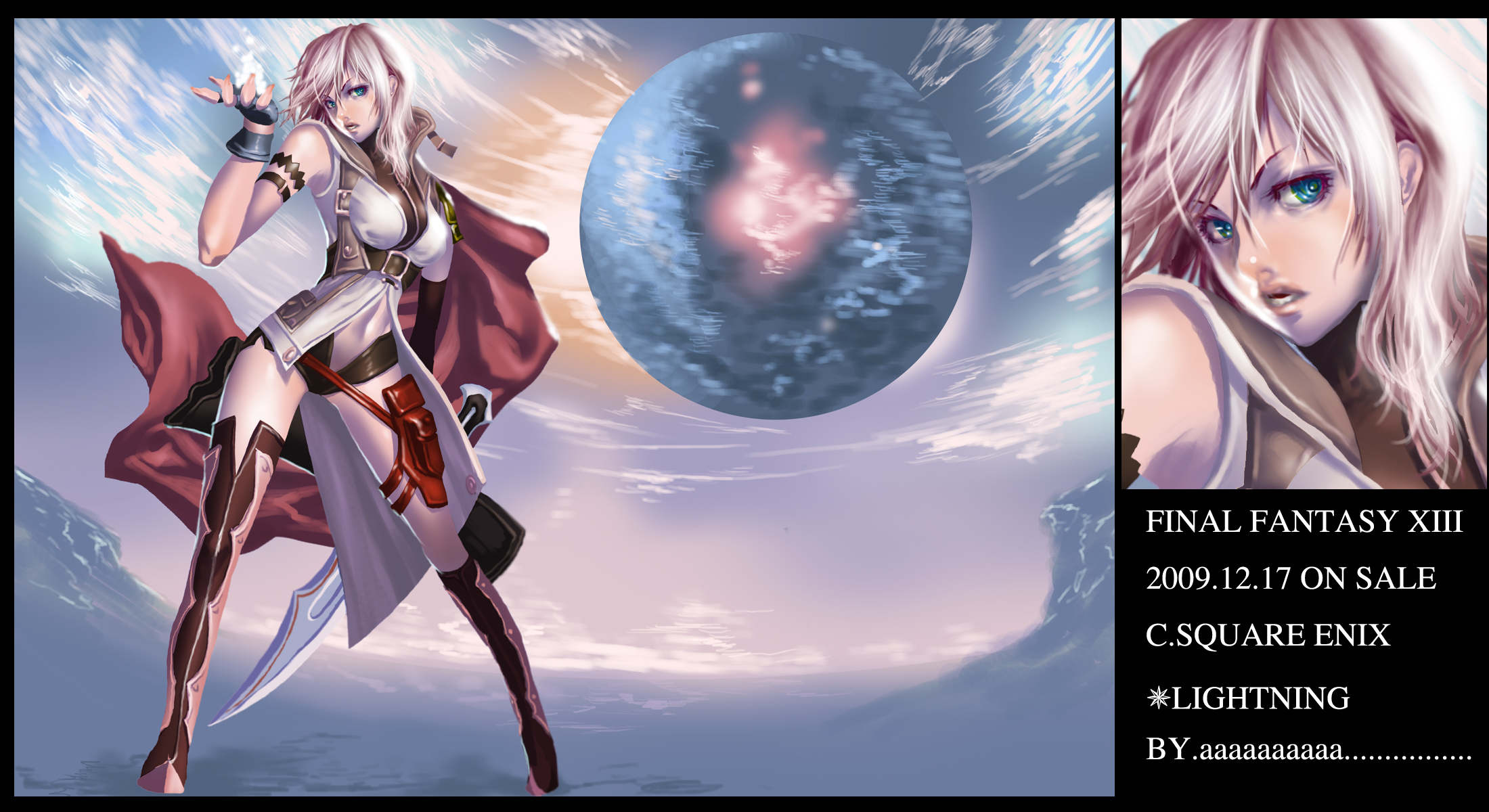 ff11r18, lightning farron, final fantasy, final fantasy xiii, highres, 10s, 1girl, armband, bare shoulders, blue eyes, breasts, cape, coat, female focus, fingerless gloves, full body, gloves, long hair, outdoors, pink hair, sky, solo, thighhighs, trench coat