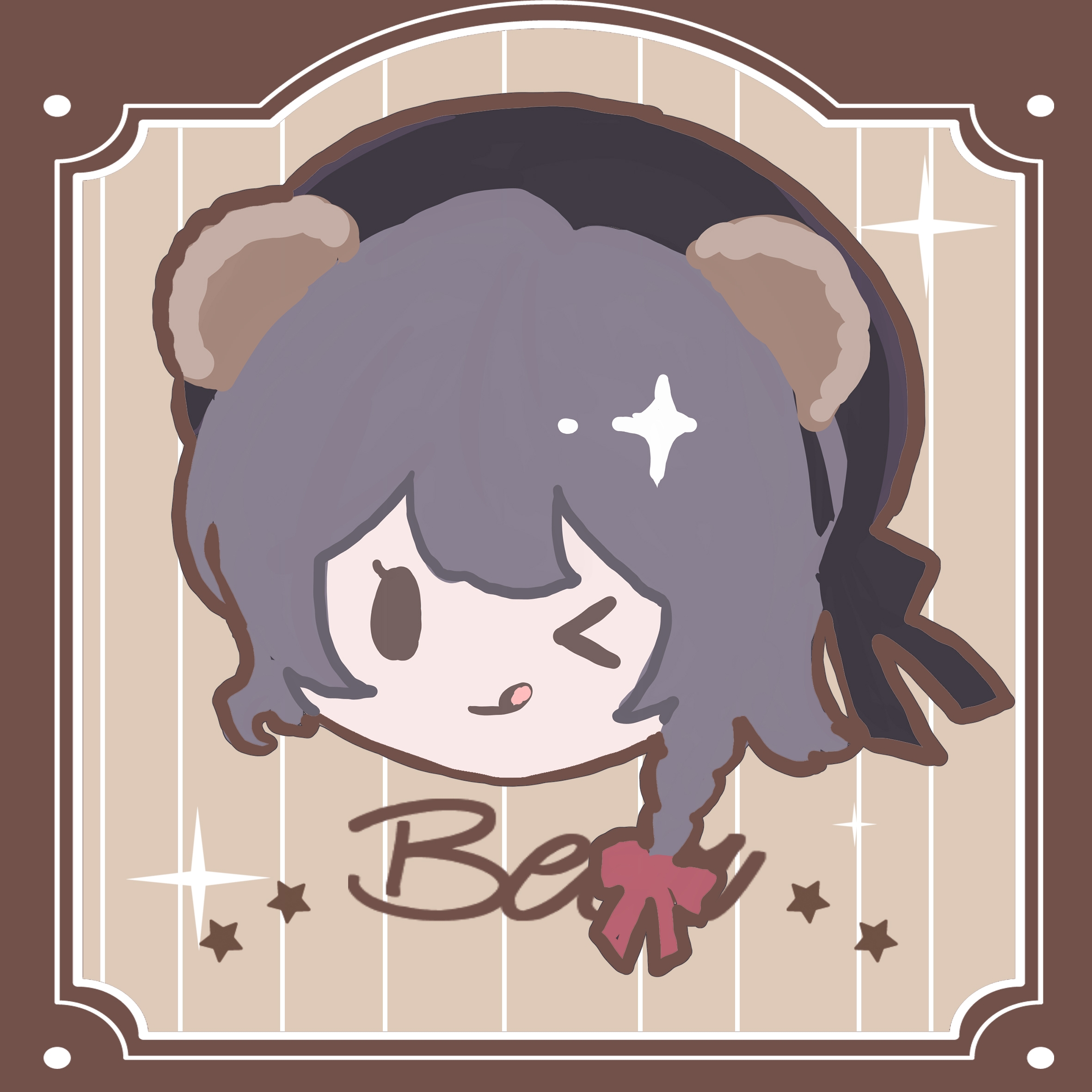 snow234, heroine (lovebrush chronicles), lovebrush chronicles, chinese commentary, commentary request, highres, > o, 0 0, 1girl, :q, animal ears, bear ears, beret, black hat, black ribbon, border, braid, brown background, brown border, center-flap bangs, chibi, english text, hair between eyes, hair ribbon, hat, hat ribbon, head only, looking at viewer, one eye closed, purple hair, red ribbon, ribbon, side braid, solo, star (symbol), striped background, tongue, tongue out