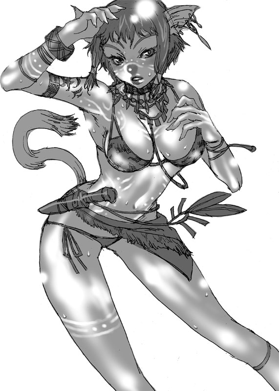 ff11r18, mithra (ff11), final fantasy, final fantasy xi, 00s, 1girl, animal ears, bare shoulders, bikini, bracelet, breasts, cat ears, cat girl, cat tail, cleavage, dagger, female focus, jewelry, knife, monochrome, necklace, short hair, simple background, solo, swimsuit, tail, weapon