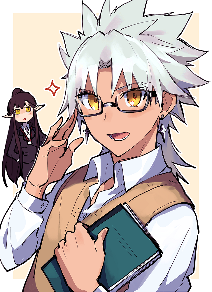 memna (renka roll), amakusa shirou (fate), semiramis (fate), fate/apocrypha, fate (series), commentary request, 1boy, 1girl, adjusting eyewear, alternate costume, black-framed eyewear, black hair, black jacket, black skirt, book, border, brown vest, collared shirt, cross, cross earrings, dark-skinned male, dark skin, earrings, glasses, holding, holding book, jacket, jewelry, lanyard, long hair, long sleeves, looking at viewer, male focus, open mouth, outline, outside border, pointy ears, ponytail, rectangular eyewear, semi-rimless eyewear, shirt, sidelocks, simple background, skirt, smile, sparkle, spiked hair, under-rim eyewear, upper body, vest, white border, white hair, white outline, white shirt, wing collar, yellow background, yellow eyes