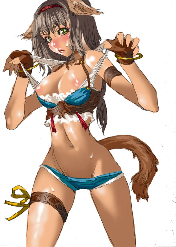 ff11r18, mithra (ff11), final fantasy, final fantasy xi, 00s, 1girl, animal ears, armband, blush, breasts, brown hair, cat ears, cat girl, cat tail, cum, cum on body, facial, female focus, fingerless gloves, gloves, green eyes, hairband, midriff, nipples, short hair, simple background, solo, strap pull, tail, white background