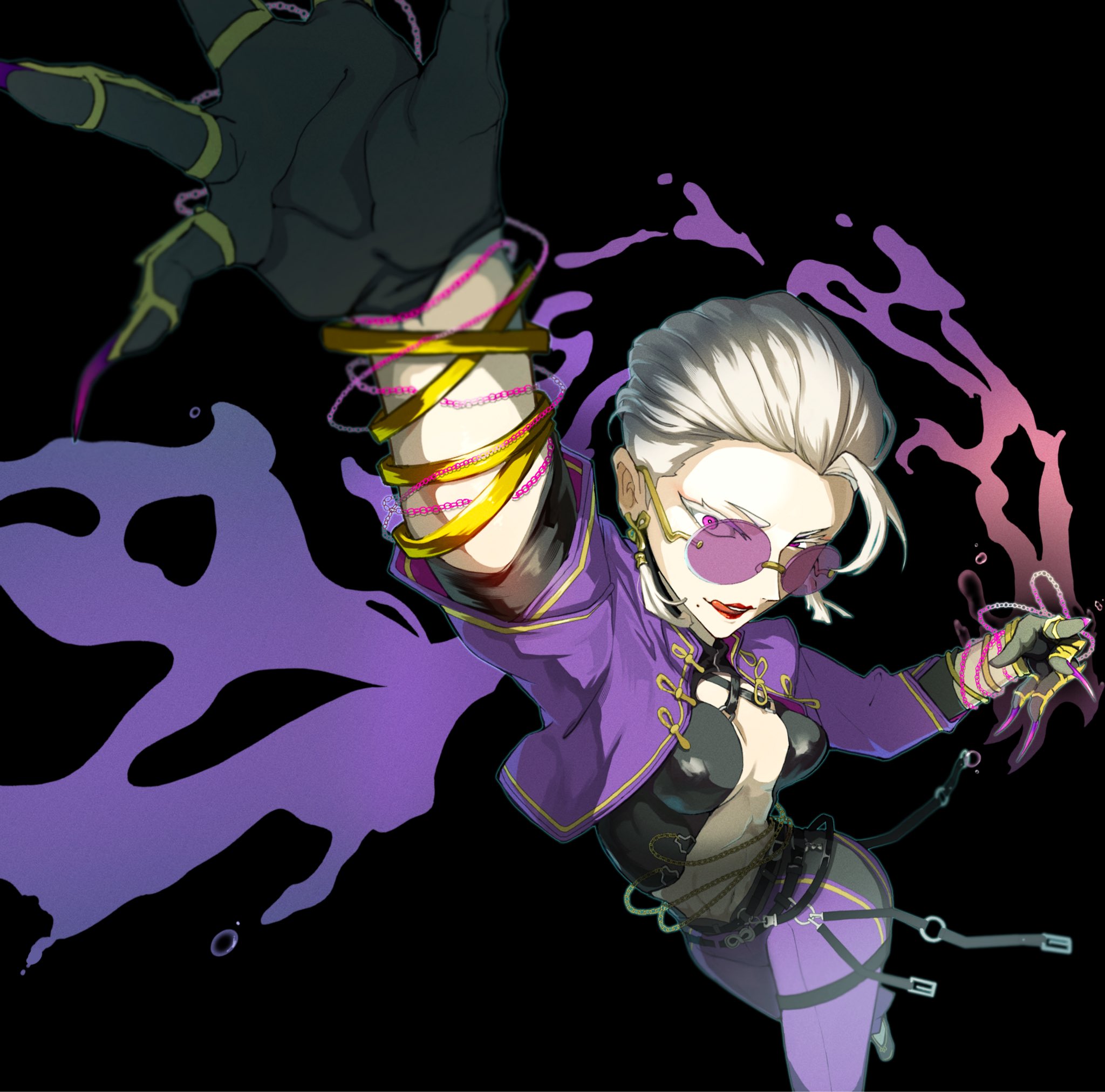 a.k.i. (street fighter), street fighter, street fighter 6, commentary request, highres, 1girl, belt, black background, bracelet, breasts, claw (weapon), claw ring, dutch angle, earrings, from above, hair slicked back, hand up, jewelry, midriff, mole, mole under mouth, multiple belts, multiple bracelets, myagari3, official alternate costume, pants, perspective, purple-tinted eyewear, purple pants, purple shrug, red eyes, red lips, round eyewear, short hair, shrug (clothing), solo, sunglasses, tassel, tassel earrings, tinted eyewear, undercut, weapon, white hair