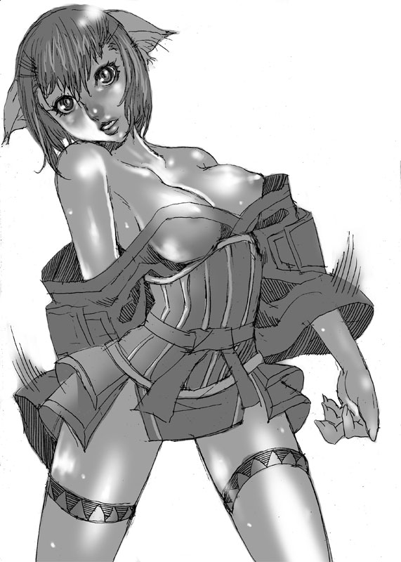 ff11r18, mithra (ff11), final fantasy, final fantasy xi, 00s, 1girl, animal ears, bare shoulders, breasts, cat ears, cat girl, female focus, monochrome, nipples, short hair, solo, thighhighs