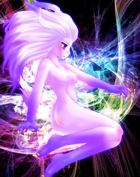 minatosaiga, tina branford, trance terra branford, final fantasy, final fantasy vi, 1990s (style), ass, barefoot, breasts, claws, colored skin, feet, gradient hair, multicolored hair, nipples, nude, purple eyes, purple hair, purple skin, white hair