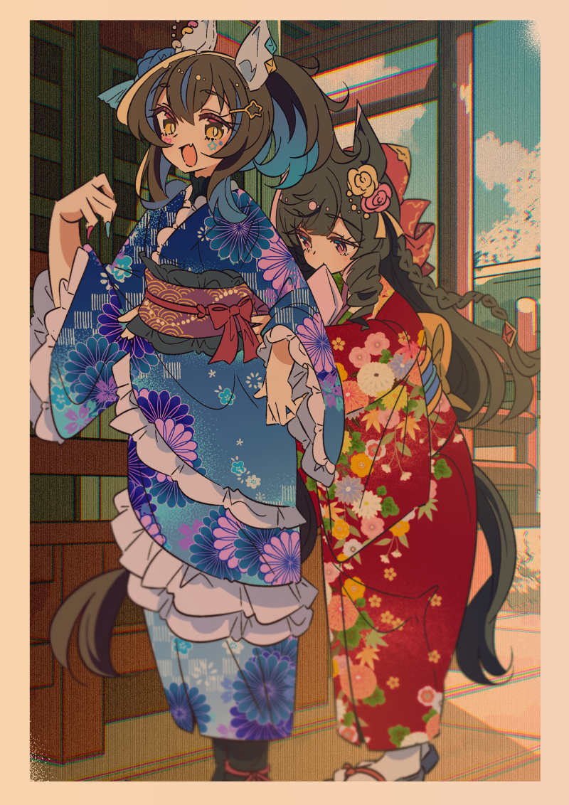 honkawa works, daiichi ruby (umamusume), daitaku helios (umamusume), umamusume, commentary request, 2girls, :d, alternate costume, animal ears, blue hair, blue kimono, blue sky, brown hair, cloud, day, floral print, floral print kimono, horse ears, horse girl, horse tail, japanese clothes, kimono, looking at viewer, multicolored hair, multiple girls, obi, open mouth, outdoors, print kimono, red kimono, sash, sky, smile, tabi, tail, two-tone hair