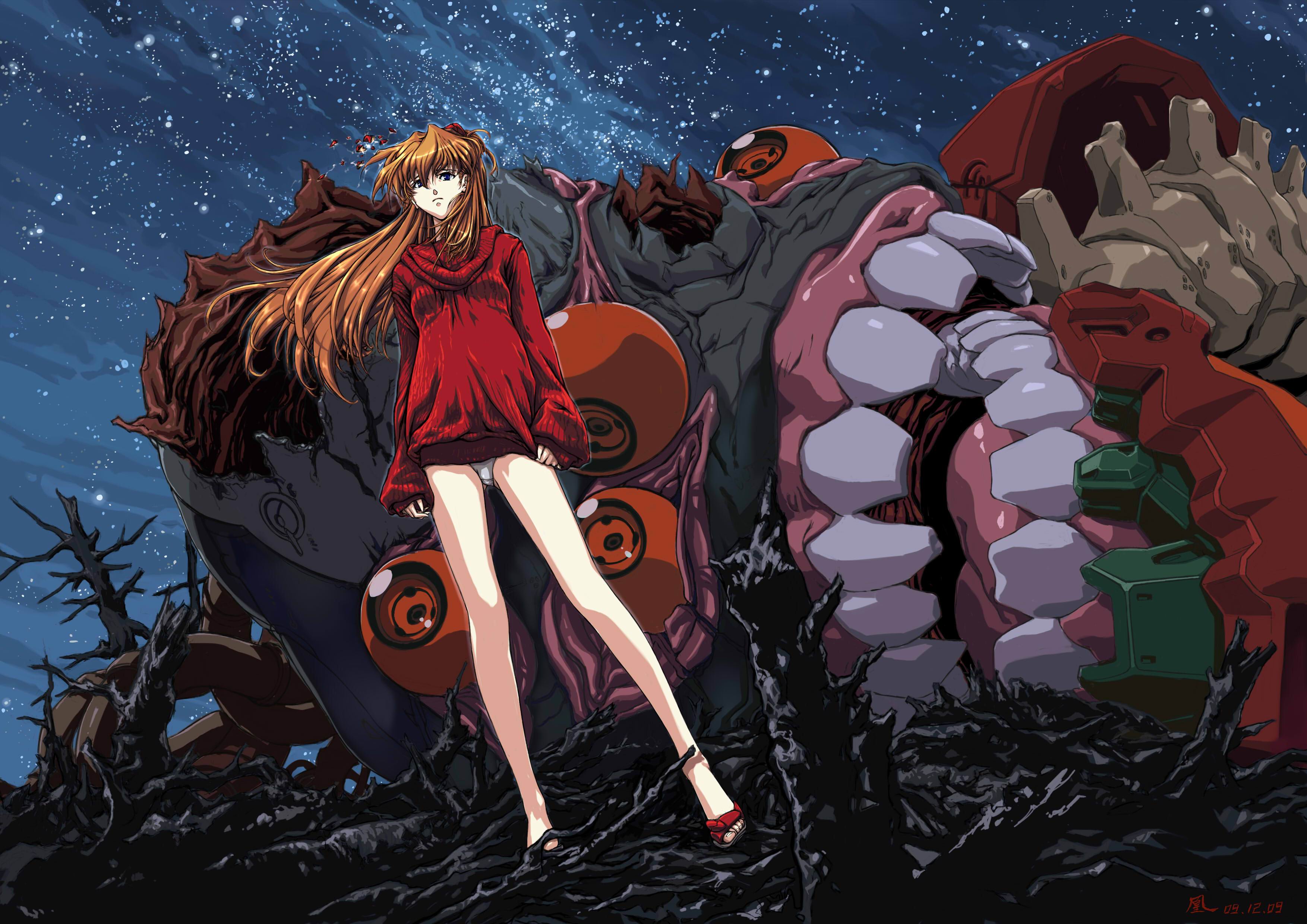 jian huang, eva 02, souryuu asuka langley, neon genesis evangelion, the end of evangelion, absurdres, highres, jpeg artifacts, spoilers, 1girl, blue eyes, brown hair, legs, long hair, long sleeves, night, no pants, panties, pantyshot, sandals, sleeves past wrists, standing, star (symbol), sweater, teeth, underwear, wind