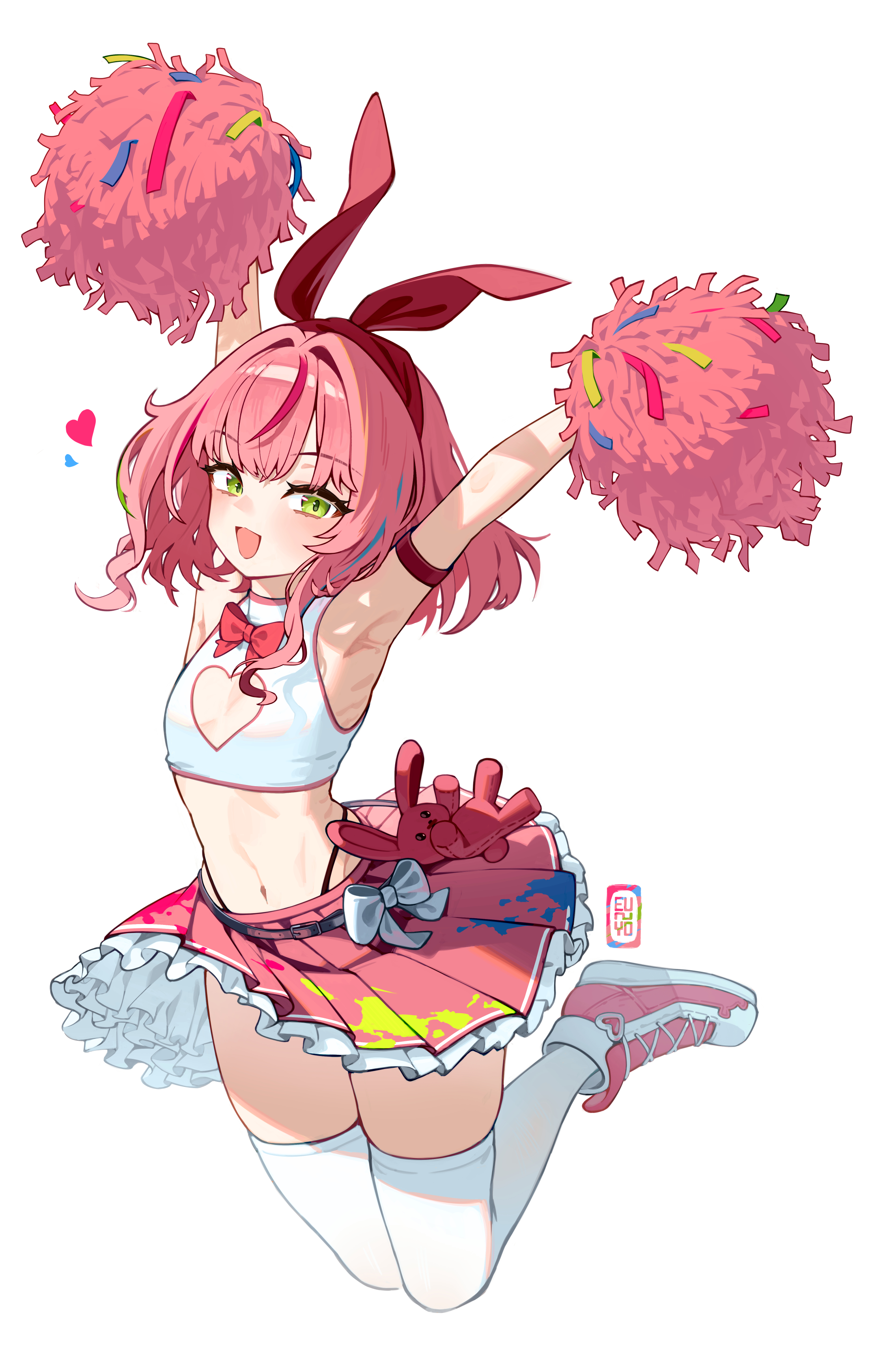 eun yo, hanako nana, stellive, absurdres, commentary request, highres, korean commentary, 1girl, alternate hair length, alternate hairstyle, arm strap, armpits, arms up, bare shoulders, belt, bow, bowtie, cheerleader, cleavage cutout, clothing cutout, crop top, frilled skirt, frills, green eyes, hair ribbon, heart cutout, highleg, holding, holding pom poms, looking at viewer, midriff, miniskirt, multicolored hair, navel, open mouth, panty straps, pink hair, pink shoes, pink skirt, pom pom (cheerleading), pom poms, ribbon, shirt, shoes, short hair, simple background, skirt, sleeveless, sleeveless shirt, smile, sneakers, solo, stomach, streaked hair, thighhighs, virtual youtuber, white background, white shirt, white thighhighs, zettai ryouiki