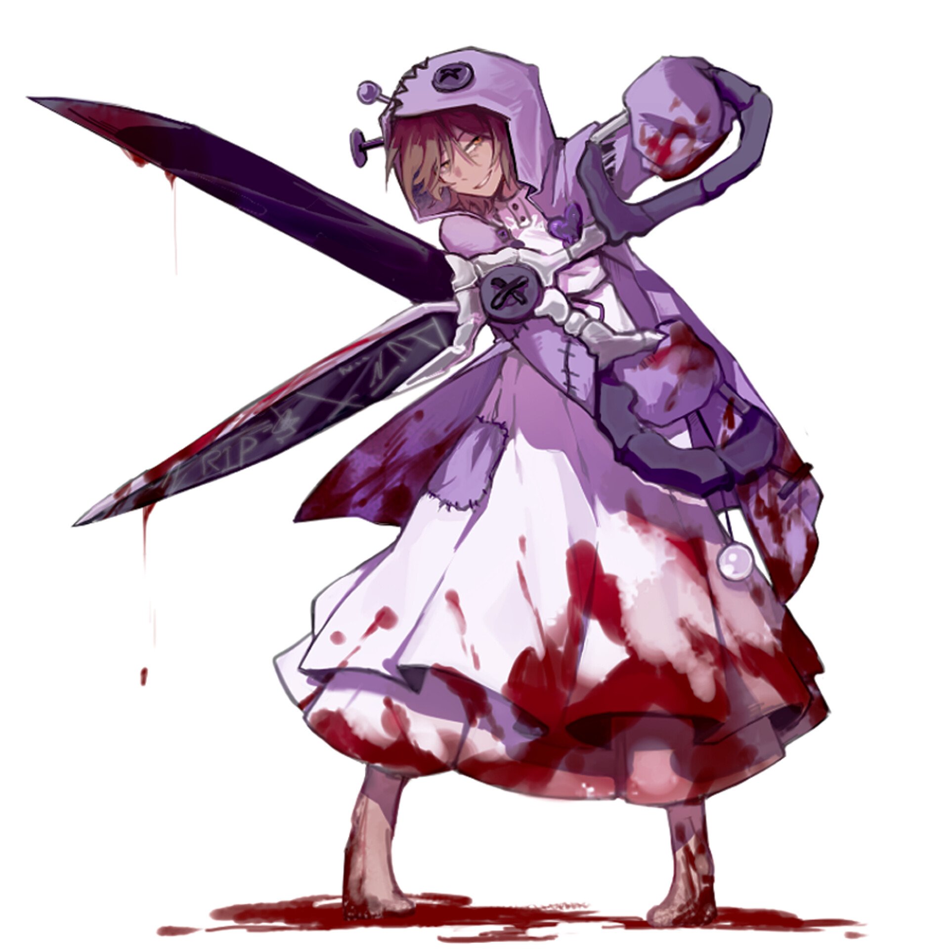 goawat, outis (project moon), limbus company, project moon, commentary, highres, symbol-only commentary, 1girl, barefoot, blood, brown eyes, brown hair, dress, e.g.o (project moon), full body, grin, holding, holding scissors, hood, hood up, i'll go fer scissors. how 'bout you? (e.g.o), large buttons, looking at viewer, oversized object, pin, purple hood, scissors, sleeves past fingers, sleeves past wrists, smile, solo