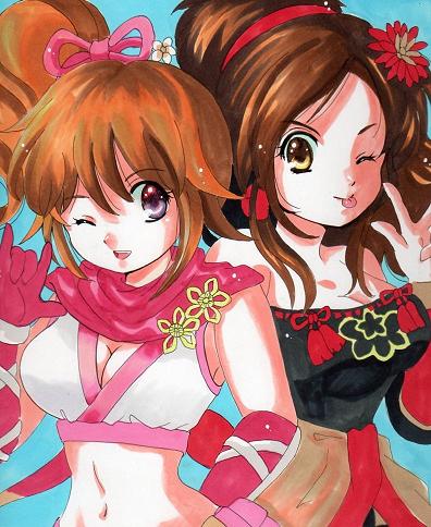 kanyaland, kai (sengoku musou), kunoichi (sengoku musou), sengoku musou, sengoku musou 3, lowres, 2girls, bare shoulders, breasts, brown hair, cleavage, female focus, hairband, long hair, m/, midriff, multiple girls, one eye closed, ponytail, purple eyes, wink, yellow eyes