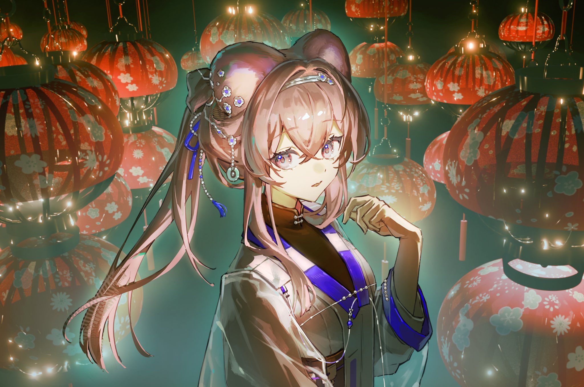 mira (345toron), lin (arknights), lin (heavenly mirage) (arknights), arknights, commentary, english commentary, highres, revision, 1girl, animal ears, black shirt, brown hair, crossed bangs, grey eyes, hair between eyes, hair intakes, hand in own hair, hand up, haori, japanese clothes, looking at viewer, medium hair, official alternate costume, parted lips, shirt, solo, upper body, white haori