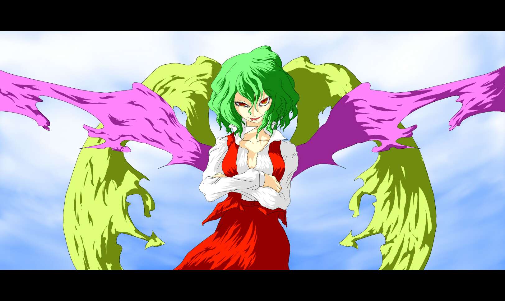 fujinohara akihira, kazami yuuka, touhou, highres, 1girl, :p, crazy eyes, crossed arms, female focus, green hair, letterboxed, red eyes, short hair, skirt, skirt set, solo, tongue, tongue out, vest, wings