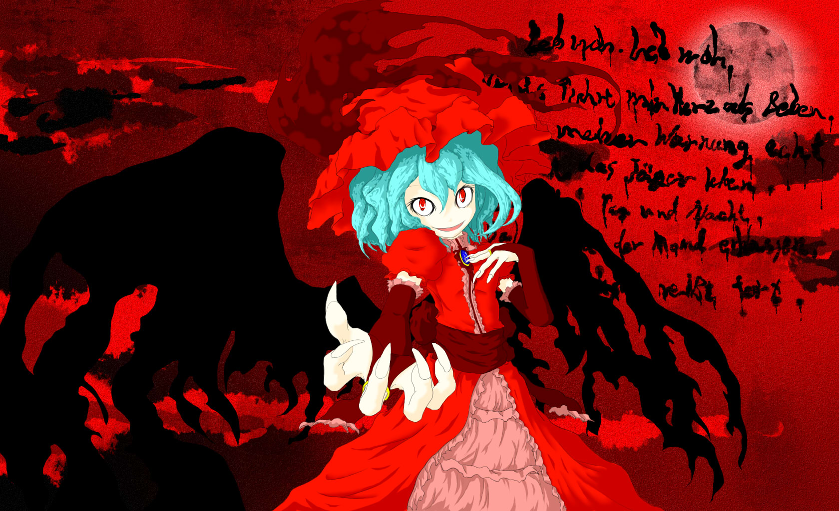 fujinohara akihira, remilia scarlet, touhou, highres, 1girl, bat wings, blue hair, female focus, fingernails, german text, hat, moon, nail (hardware), red eyes, red theme, short hair, solo, standing, vampire, wings