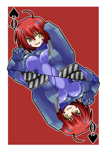 zerosu (take out), gun knuckle, jet edge, nove (nanoha), numbers (nanoha), lyrical nanoha, mahou shoujo lyrical nanoha, mahou shoujo lyrical nanoha strikers, 00s, card, card (medium), red hair, short hair, yellow eyes