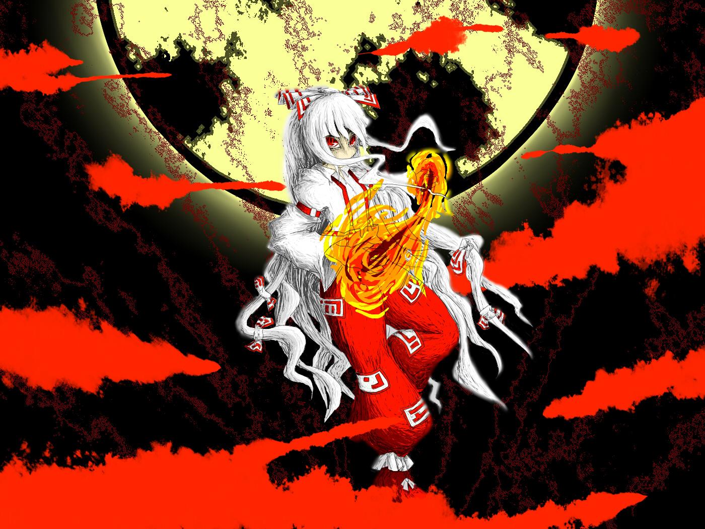 fujinohara akihira, fujiwara no mokou, touhou, 1girl, bow, female focus, fire, full moon, hair bow, long hair, moon, pants, red eyes, solo, standing, suspenders, white hair