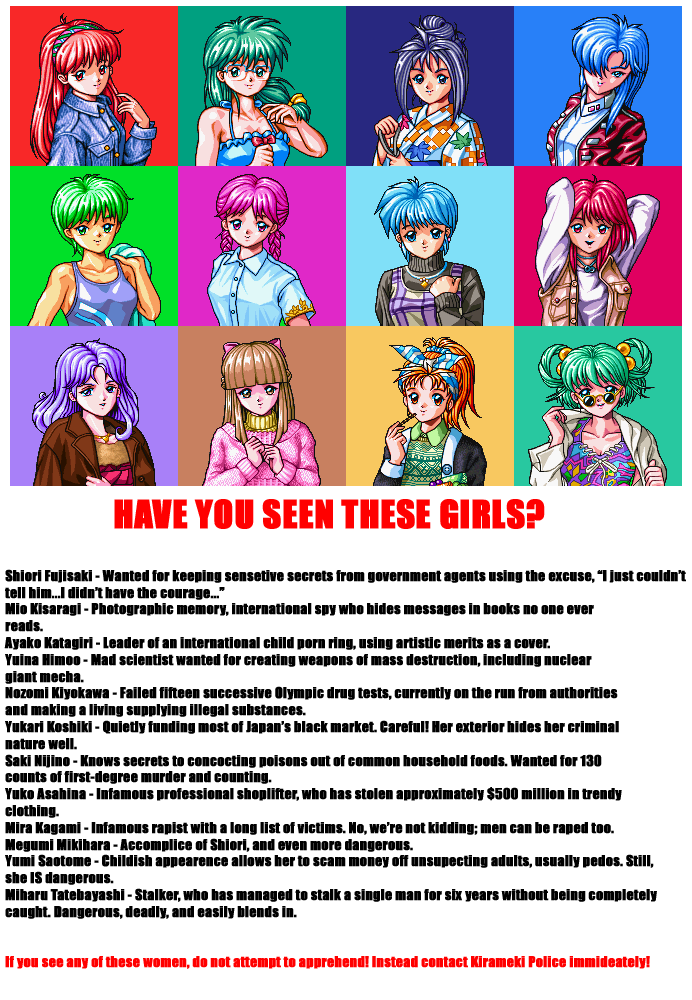 asahina yuko, fujisaki shiori, himoo yuina, kagami mira, katagiri ayako, kisaragi mio, kiyokawa nozomi, koshiki yukari, mikihara megumi, nijino saki, saotome yumi, tatebayashi miharu, tokimeki memorial, artist request, source request, english text, everyone, game sprite, parody, wanted poster