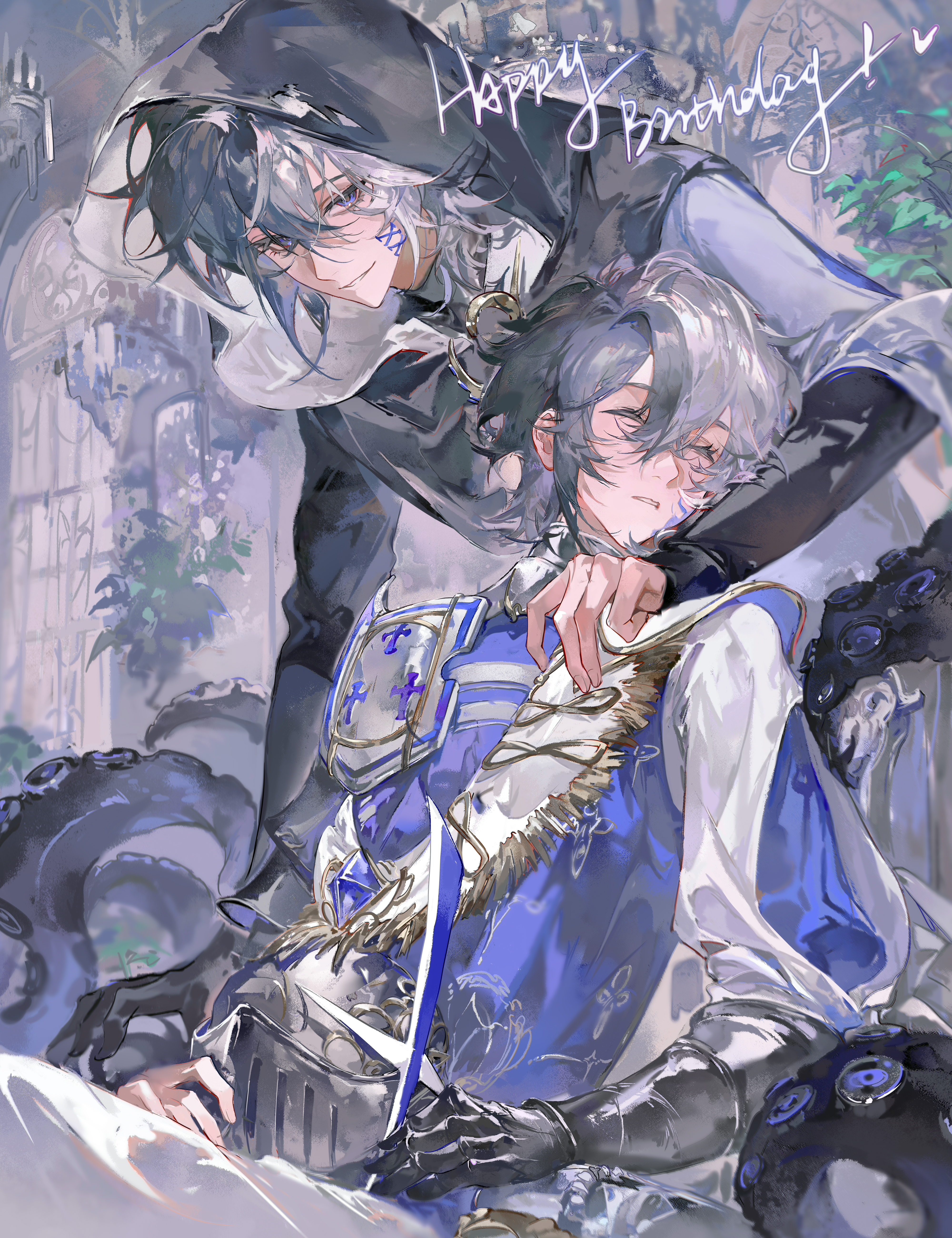 blue gem, absurdres, highres, 2boys, arched window, armor, black cloak, black gloves, black hair, black shirt, blue eyes, blue vest, borrowed character, brothers, cloak, closed eyes, cowboy shot, facial mark, facial tattoo, flame tattoo, fringe trim, gauntlets, gem, gloves, gorget, hair between eyes, hand on another's shoulder, happy birthday, helm, helmet, holding, holding unworn helmet, hood, hood down, hooded cloak, insignia, lapels, layered sleeves, long sleeves, looking at viewer, lu sangw, male focus, multicolored hair, multiple boys, pants, parted lips, pauldrons, plant, rujing yingxuan, shirt, short hair, shoulder armor, siblings, sideways glance, single gauntlet, single glove, single pauldron, sleeping, sleeping upright, smile, split-color hair, tattoo, tentacles, turtleneck, turtleneck shirt, twins, two-tone hair, two-tone shirt, unworn headwear, unworn helmet, vest, white hair, white pants, white shirt, window, x (symbol), x facial mark, yao mujing, yao muxuan