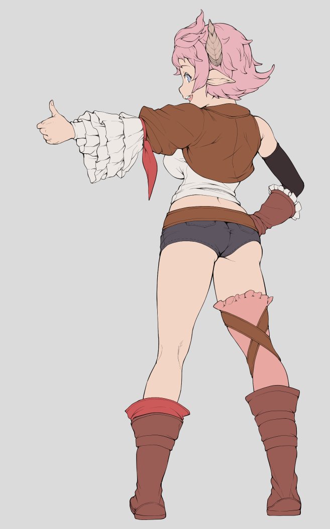 yozo (stanky), karva (granblue fantasy), granblue fantasy, commentary request, 1girl, ass, belt, black shorts, blue eyes, breasts, brown belt, detached sleeves, from behind, full body, gloves, horns, large breasts, looking back, micro shorts, pink hair, pink thighhighs, short hair, shorts, single detached sleeve, single glove, single thighhigh, solo, thighhighs, thumbs up
