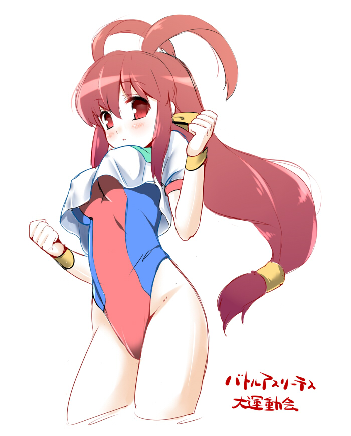 pikazo, kanzaki akari, yuuma (magipoka), battle athletes, renkin san-kyuu magical pokaan, 1girl, blush, breasts, brown eyes, brown hair, cleavage, copyright name, cosplay, cowboy shot, cropped legs, female focus, highleg, leotard, long hair, low-tied long hair, medium breasts, red eyes, red leotard, sidelocks, solo, underboob, wristband