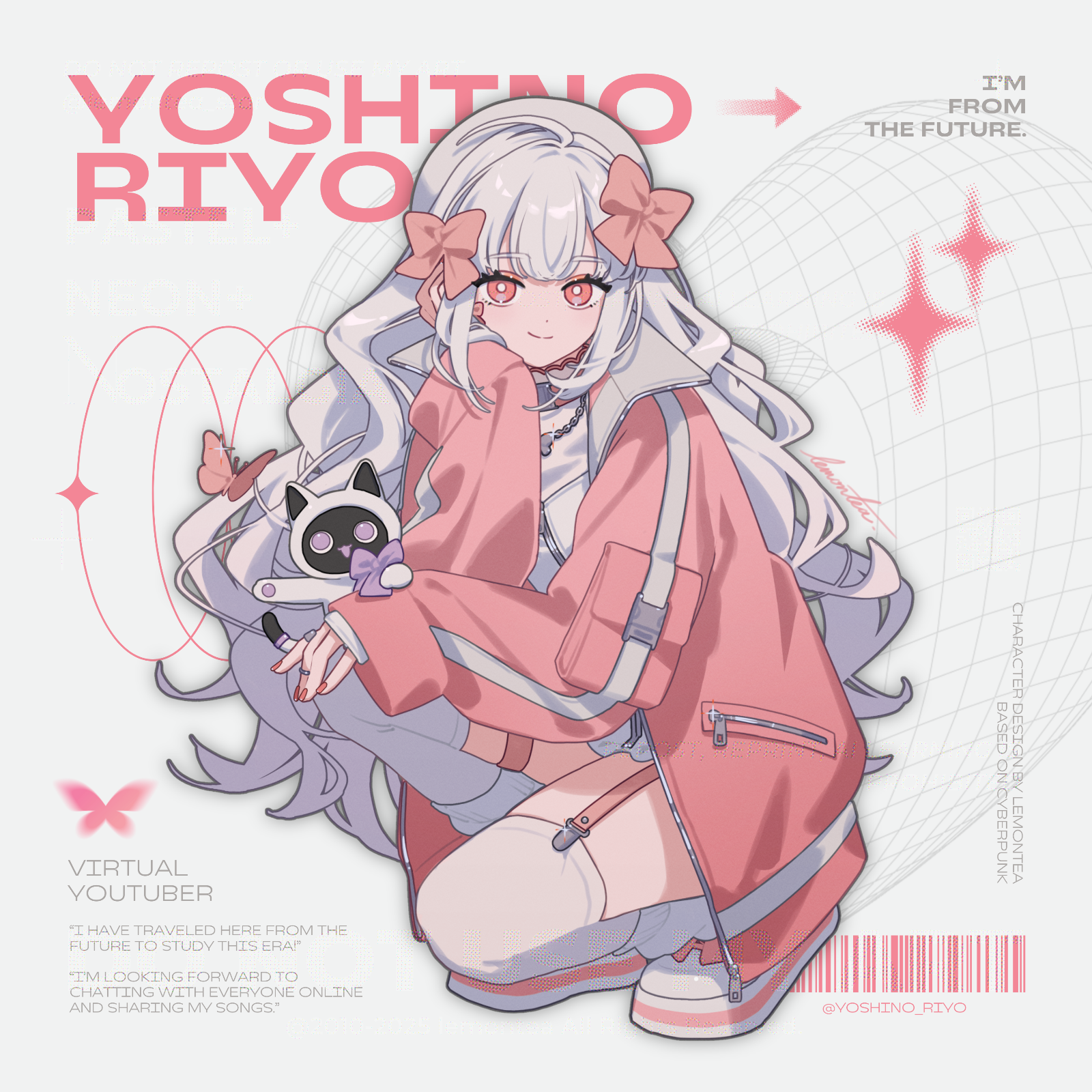 lemontea, indie virtual youtuber, commentary request, highres, official art, 1girl, barcode, bow, bug, butterfly, cat, chain, chain necklace, character name, english text, garter straps, hair bow, hand on own cheek, hand on own face, hat, insect, jacket, jewelry, long hair, long sleeves, looking at viewer, loose socks, mascot, nail polish, necklace, open clothes, open jacket, pink hair, pink jacket, pink nails, pink theme, ring, shoes, sleeve pouch, sleeves past wrists, smile, sneakers, socks, solo, squatting, thighhighs, virtual youtuber, wavy hair, white hair, white hat, white thighhighs, yoshino riyo