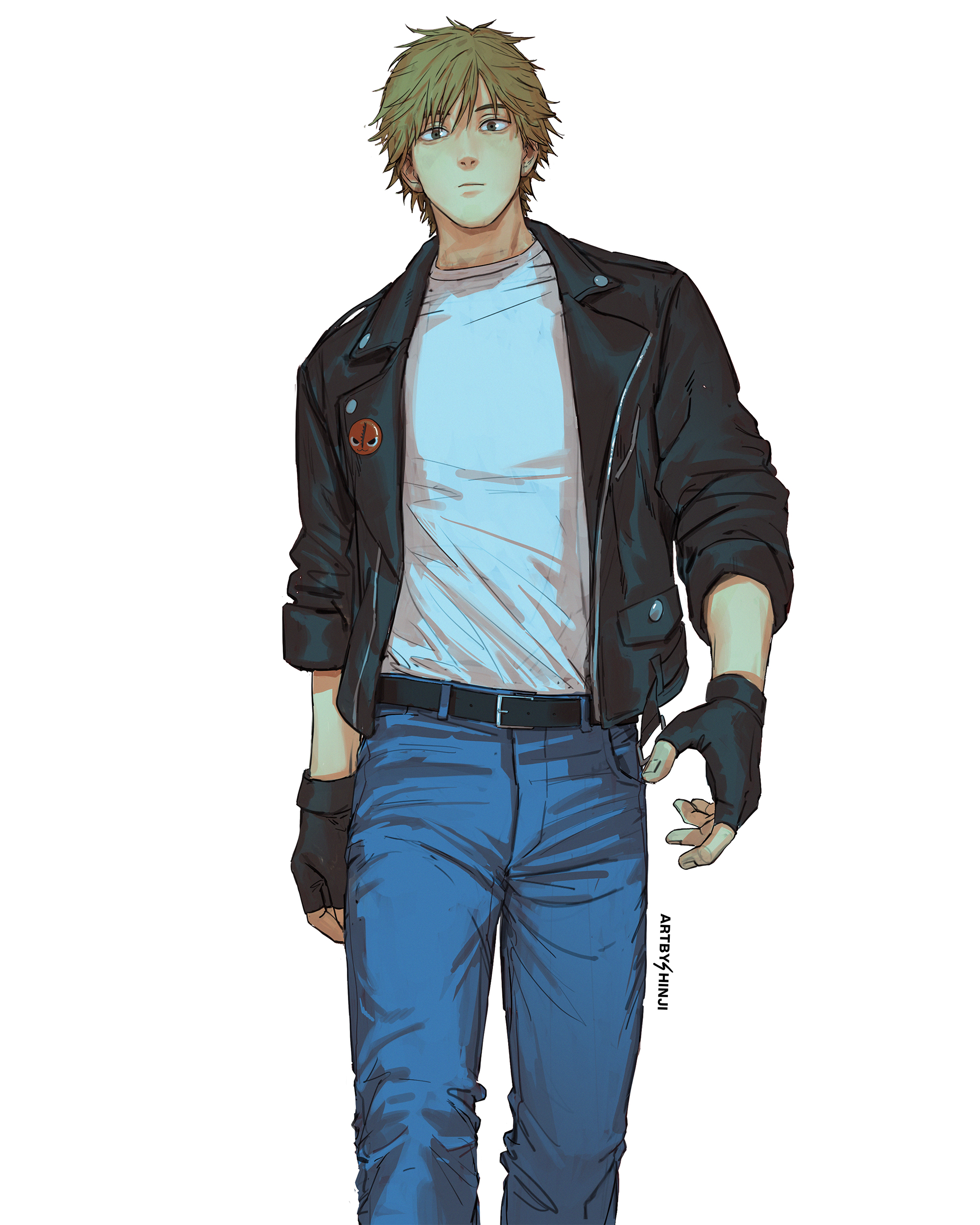artbyshinji, denji (chainsaw man), pochita (chainsaw man), chainsaw man, absurdres, commentary request, highres, 1boy, aged up, artist name, belt, belt buckle, biker clothes, black belt, black gloves, black jacket, blonde hair, buckle, closed mouth, denim, fingerless gloves, gloves, jacket, jeans, leather, leather jacket, looking at viewer, male focus, pants, shirt, short hair, simple background, sleeves rolled up, solo, standing, walking, white background, white shirt
