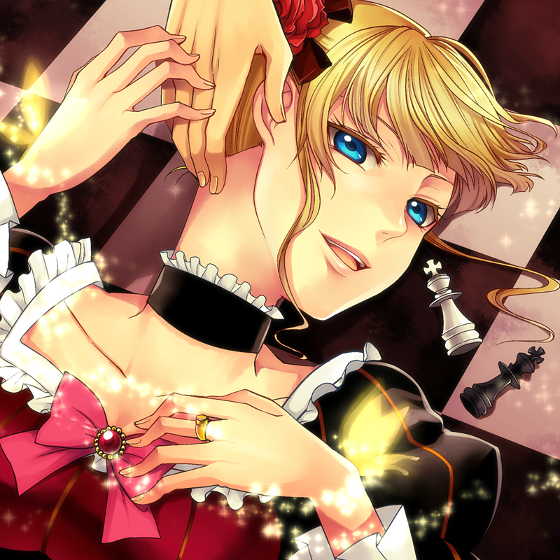 yodobashi yuo, beatrice (umineko), umineko no naku koro ni, 00s, 1girl, blonde hair, blue eyes, board game, bow, chess, chessboard, choker, dress, female focus, flower, hair flower, hair ornament, jewelry, pink bow, ring, rose, solo