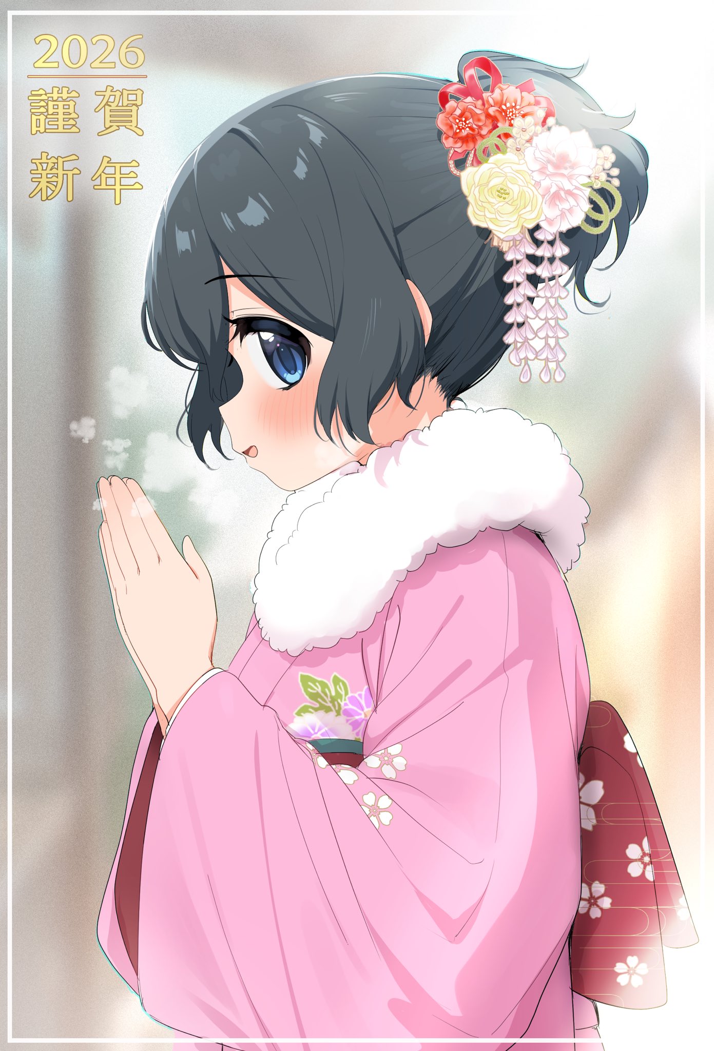 ransusan, kaban (kemono friends), kemono friends, commentary request, highres, 1girl, black hair, blue eyes, blush, floral print, floral print kimono, flower, fur-trimmed kimono, fur trim, furisode, hair flower, hair ornament, hatsumoude, japanese clothes, kimono, long sleeves, looking at viewer, new year, obi, open mouth, pink kimono, praying, print kimono, sash, short hair, shrine, smile, solo, wide sleeves