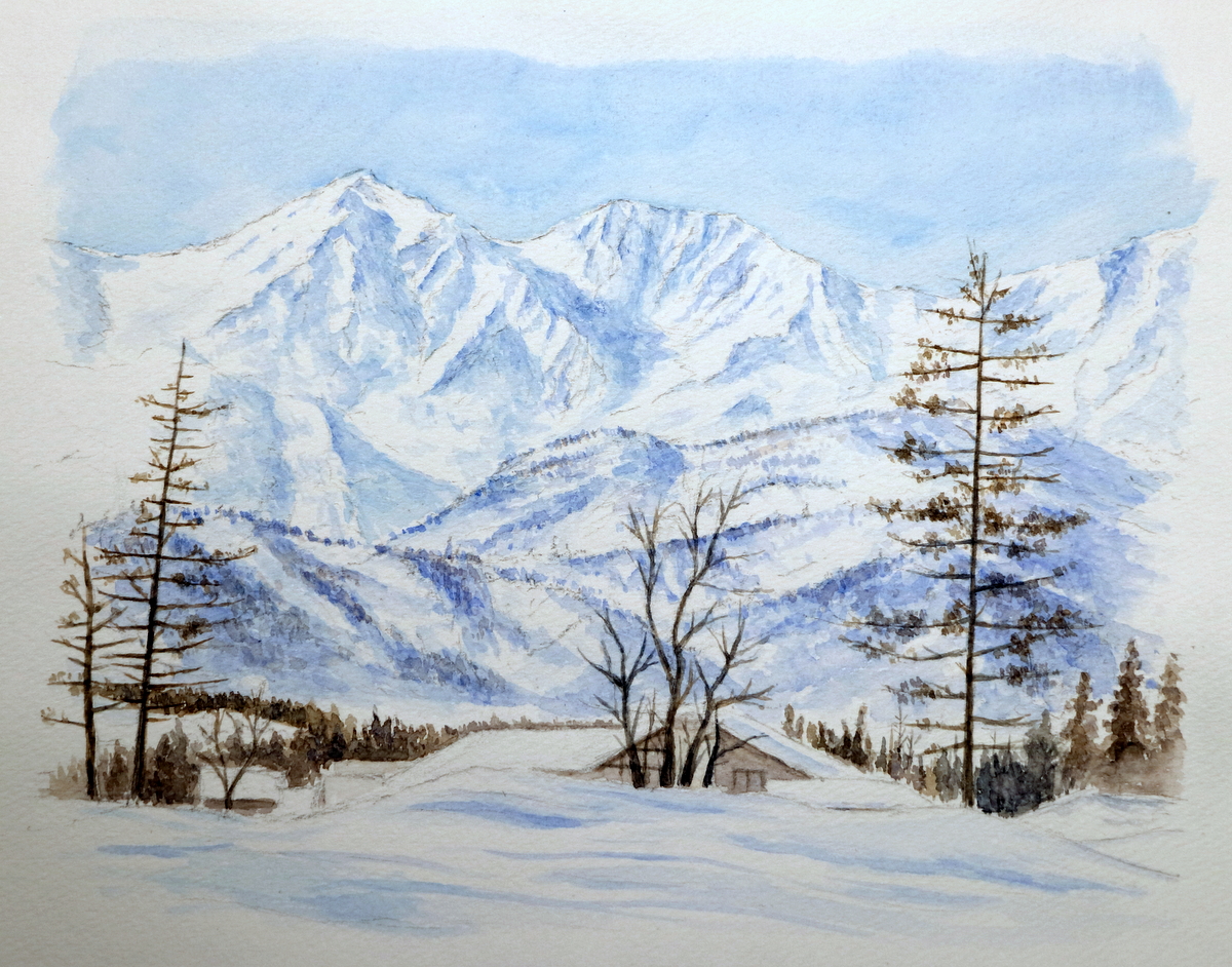 original, commentary request, painting (medium), traditional media, watercolor (medium), bare tree, blue sky, border, day, ktrnagai, landscape, mountain, mountainous horizon, no humans, outdoors, pine tree, scenery, sky, snow, tree, white border, winter