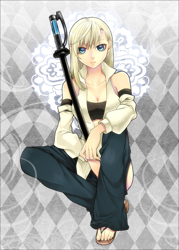 yodobashi yuo, original, 1girl, blonde hair, blue eyes, breasts, cleavage, detached sleeves, female focus, long hair, medium breasts, sandals, sheath, sheathed, solo, sword, toes, weapon