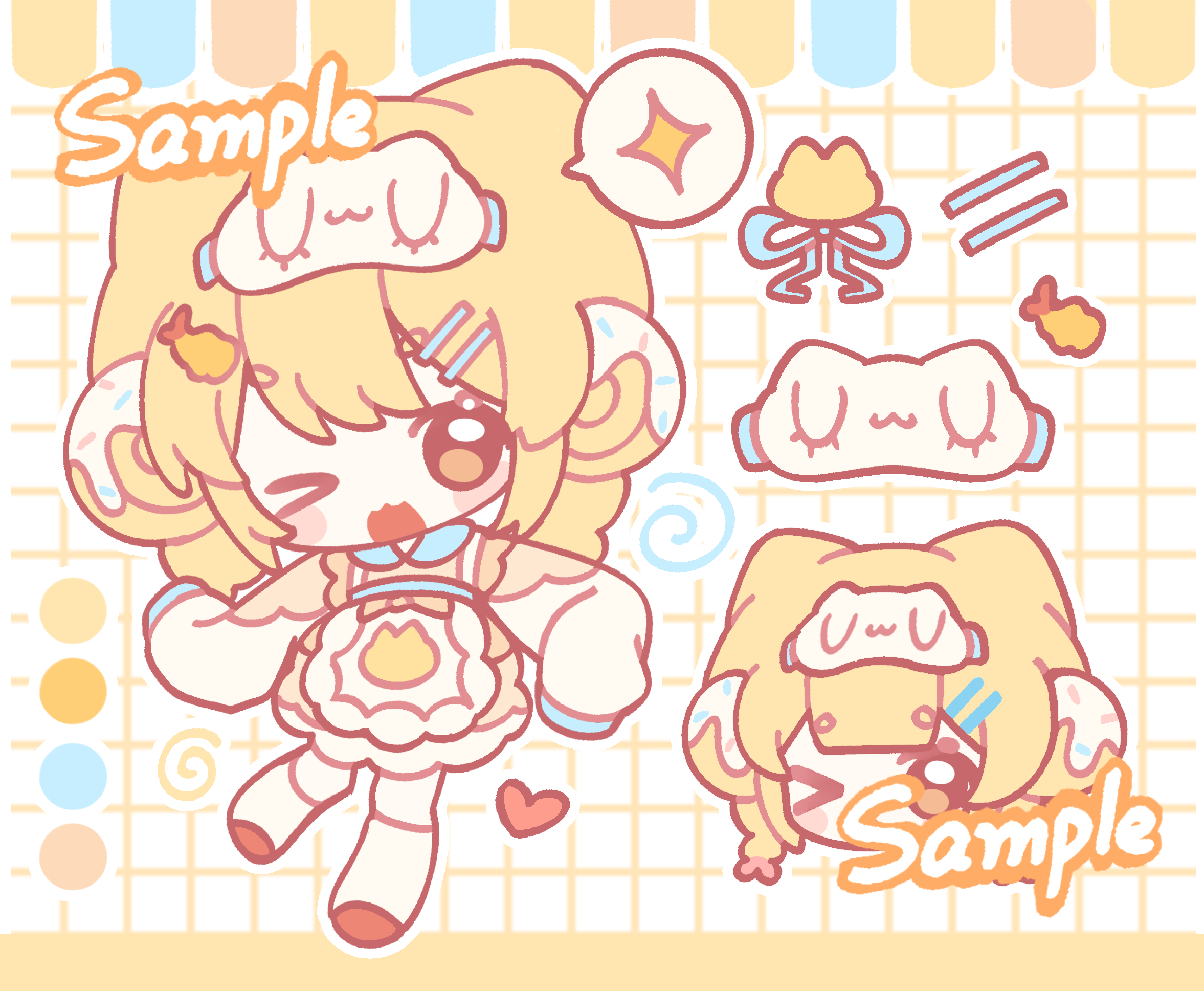 original, highres, > o, 1girl, ;3, ;d, apron, blonde hair, blush stickers, chibi, chibi only, color guide, double-parted bangs, dress, food, full body, grid background, hair ornament, hairclip, kneehighs, long sleeves, looking at viewer, one eye closed, open mouth, orange dress, parallel hairclips, qin'aide, red shoes, sample watermark, shoes, short hair, shrimp, shrimp tempura, sleep mask, sleeves past fingers, sleeves past wrists, smile, socks, sparkle, spoken sparkle, standing, tempura, watermark, white apron, white socks, yellow eyes