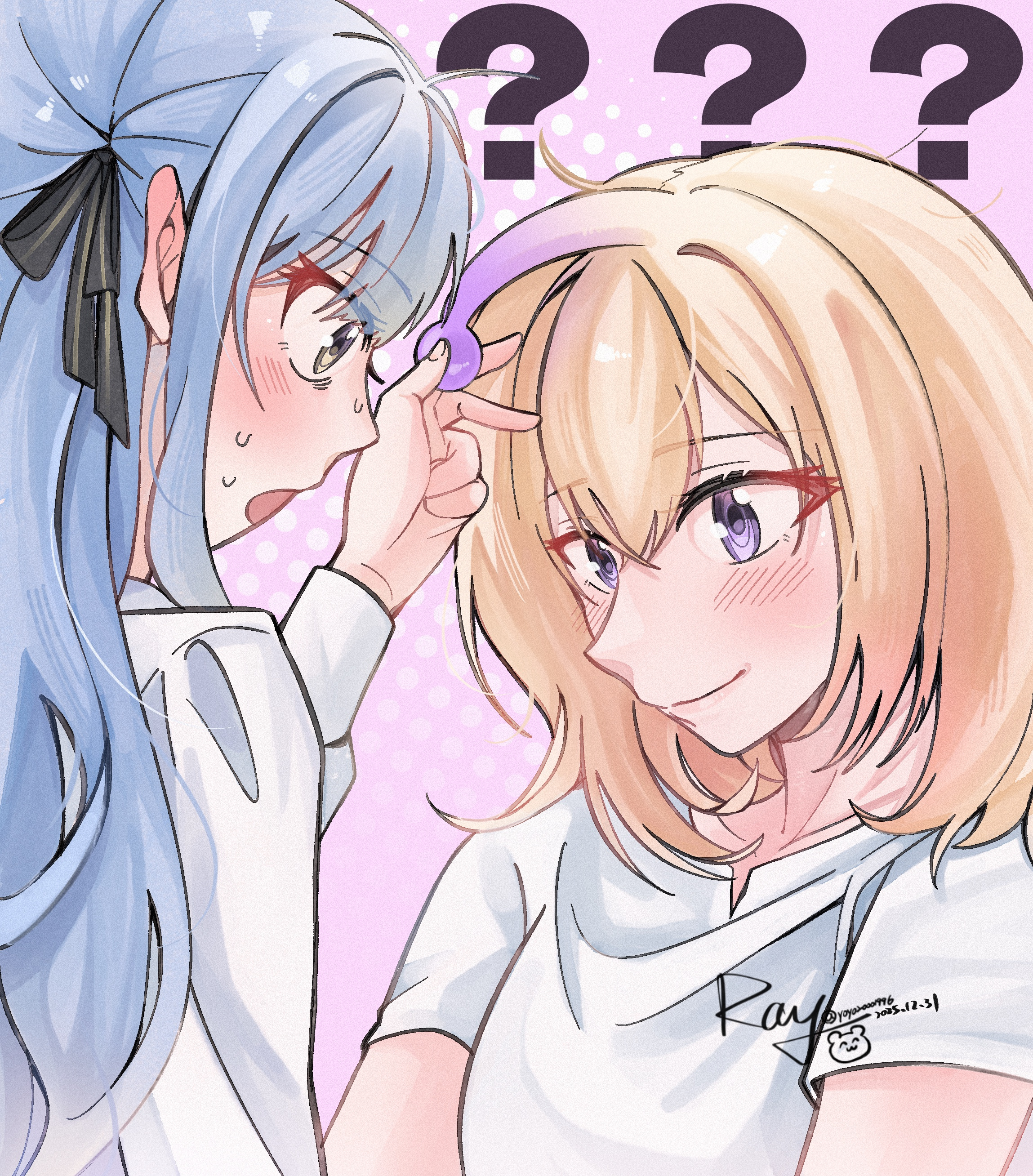 yoyoray20001996, misumi uika, togawa sakiko, bang dream!, bang dream! it's mygo!!!!!, absurdres, commentary request, highres, 2girls, antennae, black ribbon, blonde hair, blue hair, hair ribbon, long hair, medium hair, multiple girls, ribbon, shirt, short sleeves, sidelocks, white shirt