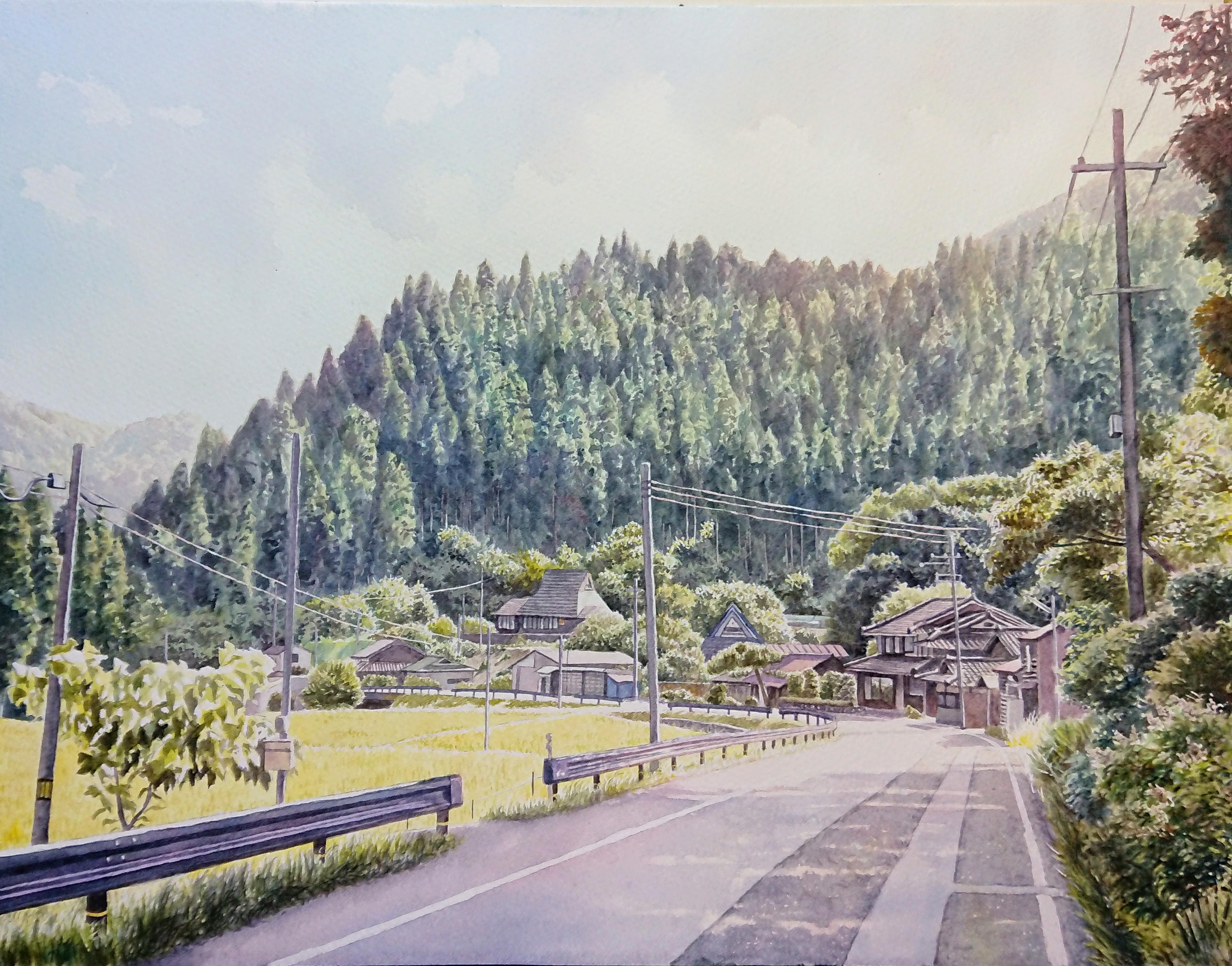 original, absurdres, commentary request, highres, painting (medium), traditional media, watercolor (medium), building, cloud, day, forest, guard rail, hill, house, landscape, nature, no humans, outdoors, photorealistic, power lines, realistic, road, rural, sky, tominaga hayato, tree, utility pole