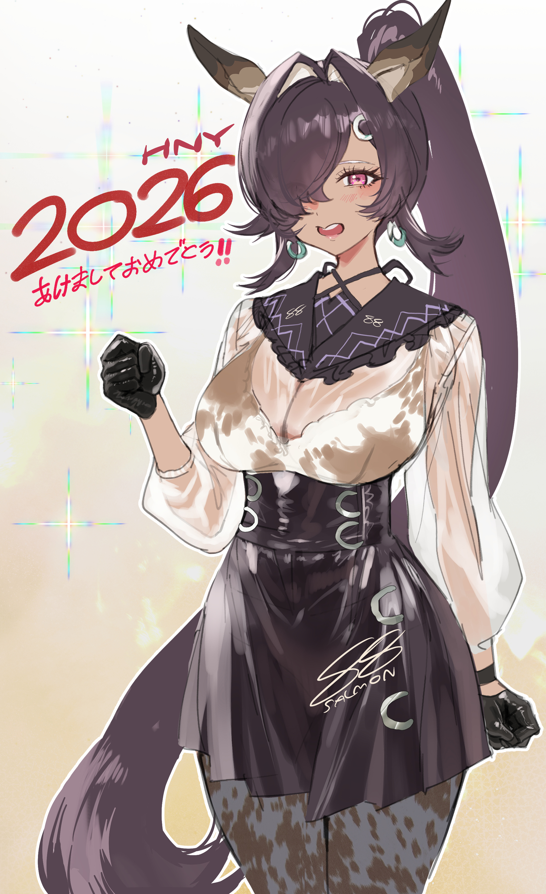 salmon88, original, absurdres, commentary request, highres, translation request, 1girl, 2026, animal ears, black gloves, black skirt, breasts, chinese zodiac, clenched hand, earrings, gloves, hair over one eye, happy new year, horse ears, horse girl, jewelry, large breasts, long hair, long sleeves, looking at viewer, new year, open mouth, pantyhose, pink eyes, ponytail, skirt, solo, standing, year of the horse