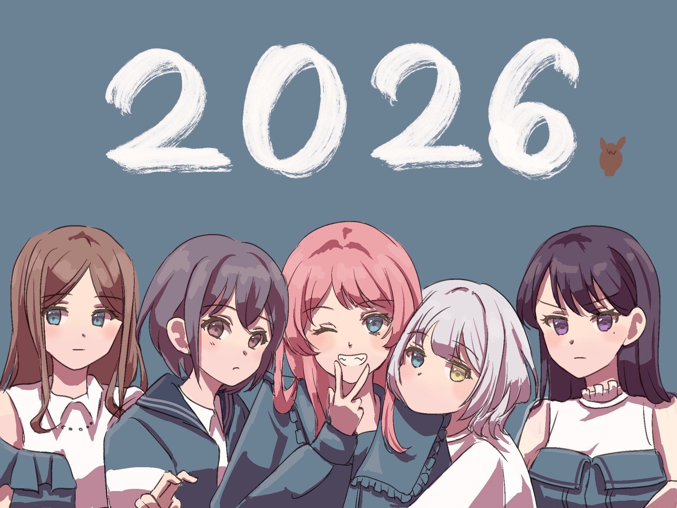 chihaya anon, kaname raana, nagasaki soyo, shiina taki, takamatsu tomori, bang dream!, bang dream! it's mygo!!!!!, commentary, highres, 2026, 5girls, black hair, blue background, blue eyes, blue jacket, brown eyes, brown hair, closed mouth, grey hair, heterochromia, hug, jacket, long hair, long sleeves, mole, mole under eye, multiple girls, mygo!!!!! (bang dream!), one eye closed, pink hair, purple eyes, salted butter m, shirt, short hair, sidelocks, simple background, v, v over mouth, white hair, white shirt, yellow eyes