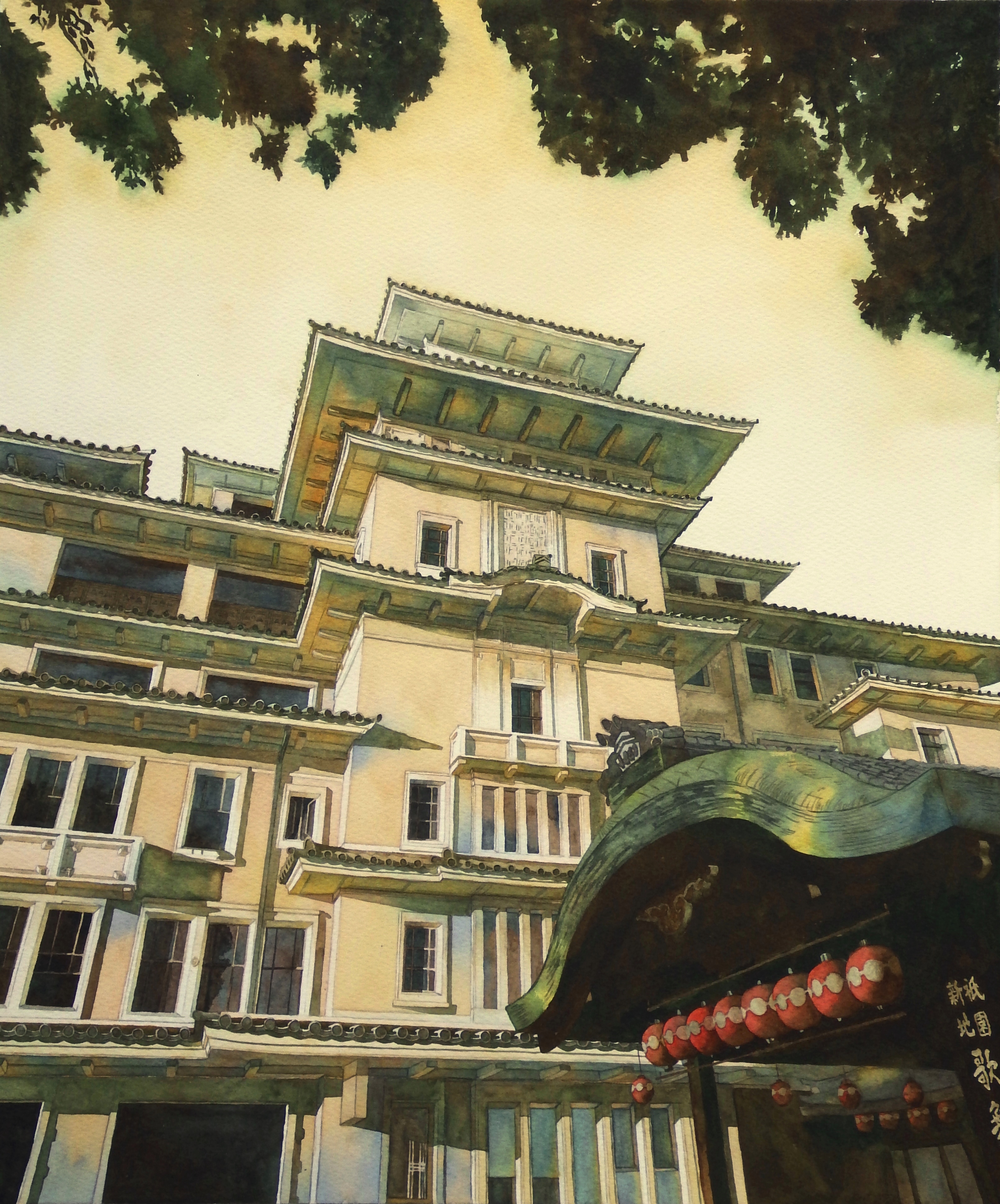 original, absurdres, commentary request, highres, painting (medium), traditional media, watercolor (medium), architecture, building, east asian architecture, evening, no humans, outdoors, photorealistic, realistic, scenery, sky, tominaga hayato, yellow sky