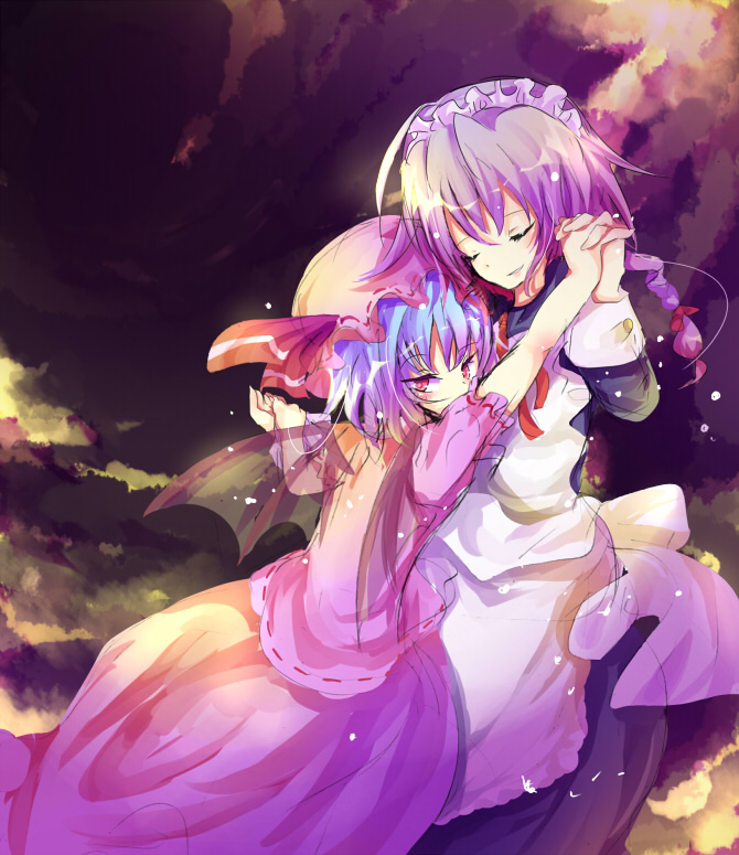 rarami, izayoi sakuya, remilia scarlet, touhou, bad id, bad pixiv id, 2girls, blue hair, braid, closed eyes, dancing, female focus, hat, holding hands, maid, multiple girls, red eyes, single braid