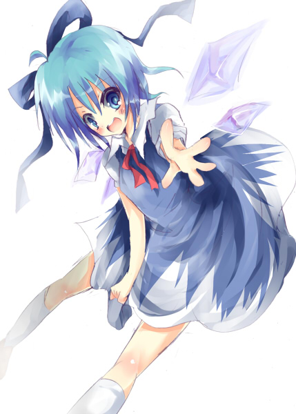 rarami, cirno, embodiment of scarlet devil, touhou, bad id, bad pixiv id, 1girl, blouse, blue eyes, blue hair, blush, collared shirt, dress, female focus, haibow, hair between eyes, kneehighs, matching hair/eyes, open mouth, pinafore dress, shirt, sleeveless dress, socks, solo, white background, white shirt, white socks, wings