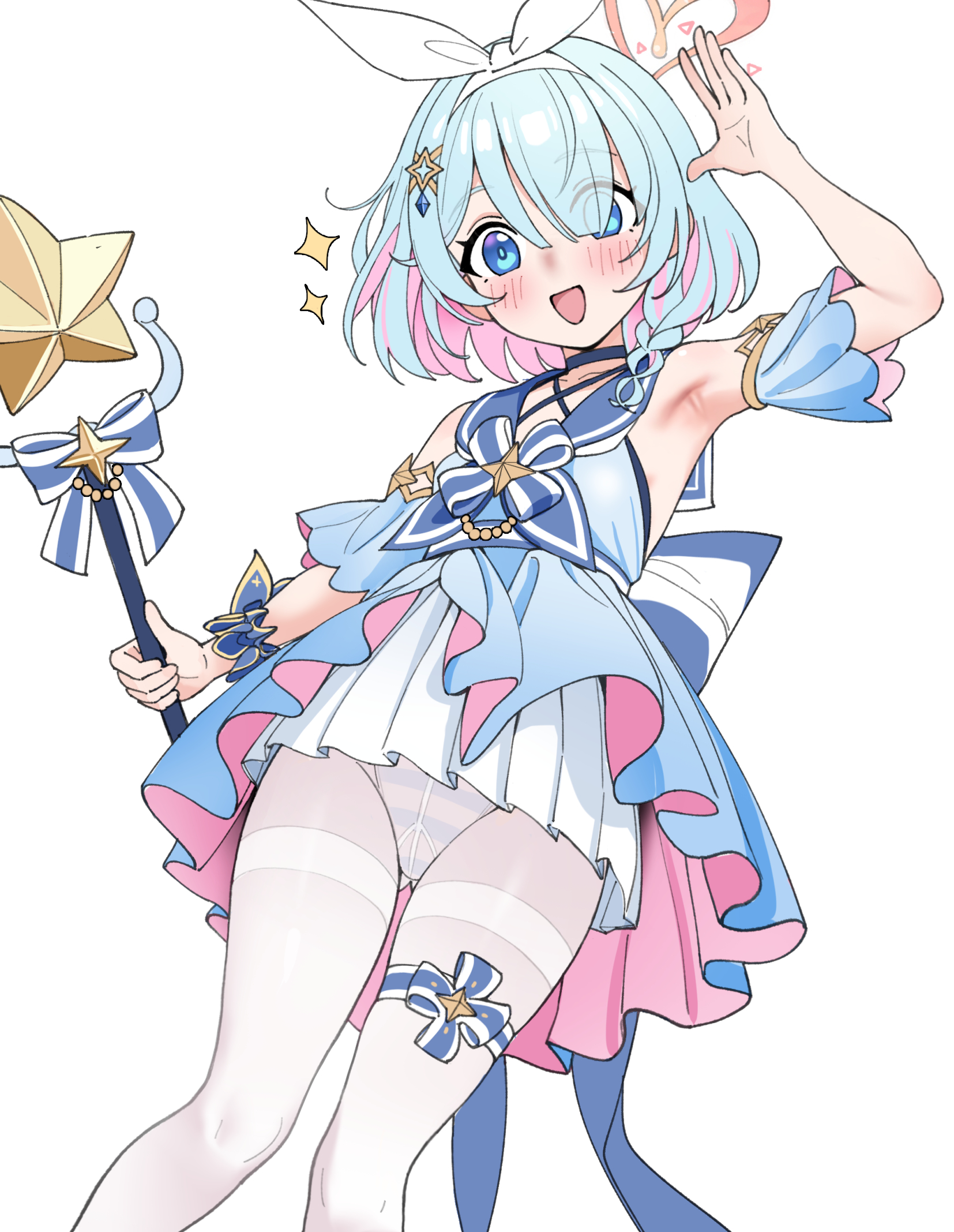 rong hui, arona (blue archive), blue archive, commentary request, highres, :d, arm up, armpit focus, armpits, blue eyes, blue hair, colored inner hair, hair ornament, hairband, halo, heart, heart halo, holding, holding wand, leg up, light blush, looking at viewer, magical girl, multicolored hair, open mouth, panties, pantyhose, short hair, smile, star (symbol), striped clothes, striped panties, underwear, wand, white hairband, white pantyhose