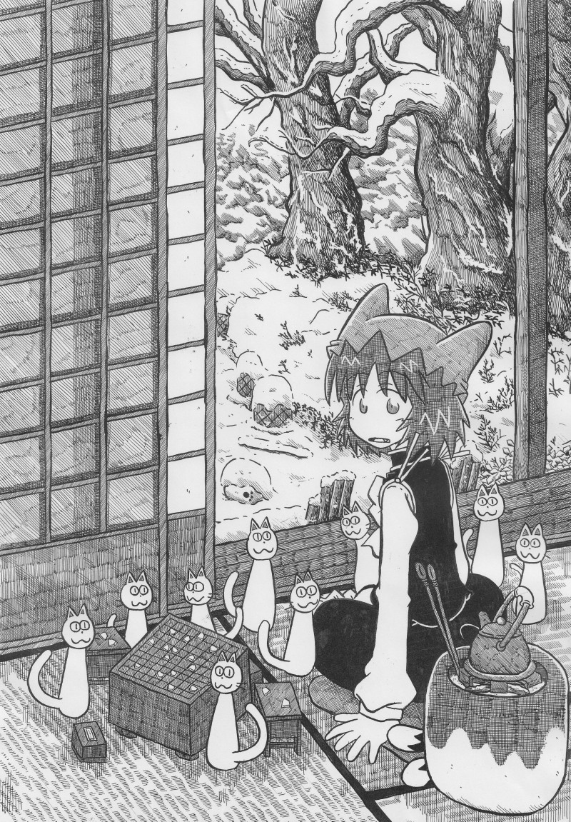 yotsuboshi-imai, chen, touhou, nib pen (medium), pen (medium), traditional media, 1girl, animal ears, board game, cat, cat ears, cat tail, cover, cover page, female focus, greyscale, hat, monochrome, shogi, shouji, sliding doors, snow, solo, tail, teapot, too many, too many cats, winter