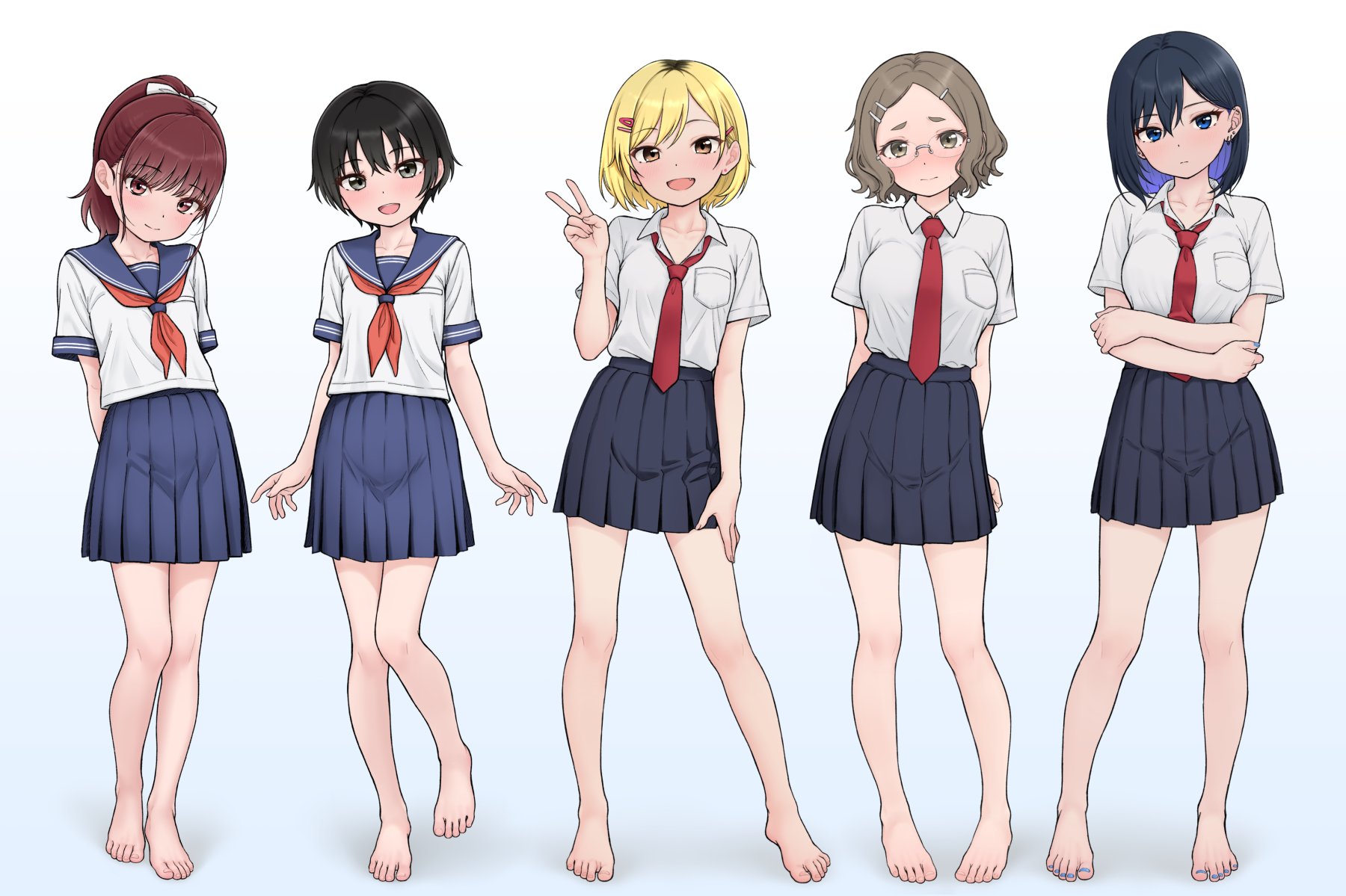 hinosaki, original, commentary request, highres, :d, bare legs, barefoot, black hair, blonde hair, blush, breasts, brown eyes, brown hair, closed mouth, feet, hair ornament, hairclip, long hair, looking at viewer, multiple girls, neckerchief, necktie, open mouth, pleated skirt, ponytail, school uniform, serafuku, shirt, short hair, short sleeves, skirt, smile, soles, standing, toes, v