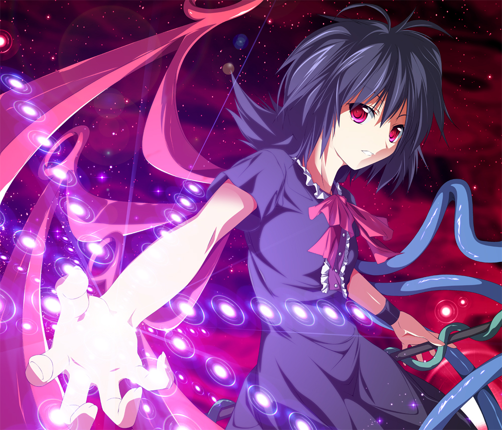 zb (dawn-blue), houjuu nue, touhou, 1girl, asymmetrical wings, black hair, danmaku, female focus, glowing, night, outdoors, polearm, red eyes, red sky, short hair, sky, snake, solo, weapon, wings